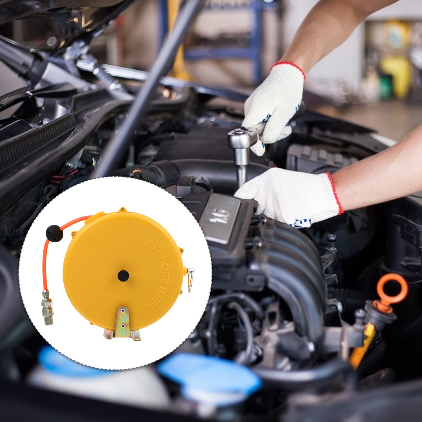 Carrete 8m de Manguera de Aire Retráctil Automático Mini | Abs y Aleación, Color Amarillo, Fijación en Pared, Techo o Puerta, Recuperación Automática y Alta Resistencia