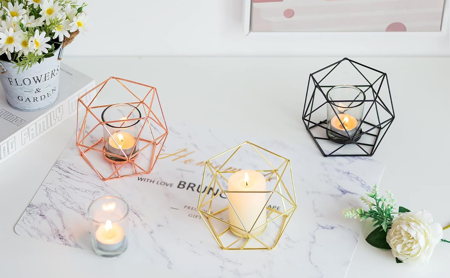 20pcs Geometric Candle Tealight Holders Gold - Holder for Tea Light Decorative Votive Candle Stand Accents for Home Table Shelf Mantel Modern Geo Decoration Christmas Wedding Reception Décor, Gold