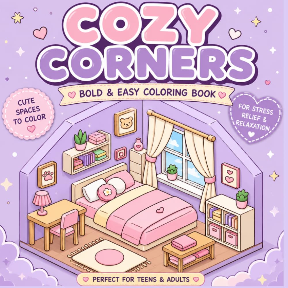Cozy Corners: Bold and Easy Coloring Book for Adults and Teens: Cute, Simple, and Cozy Spaces for Stress Relief and Relaxation