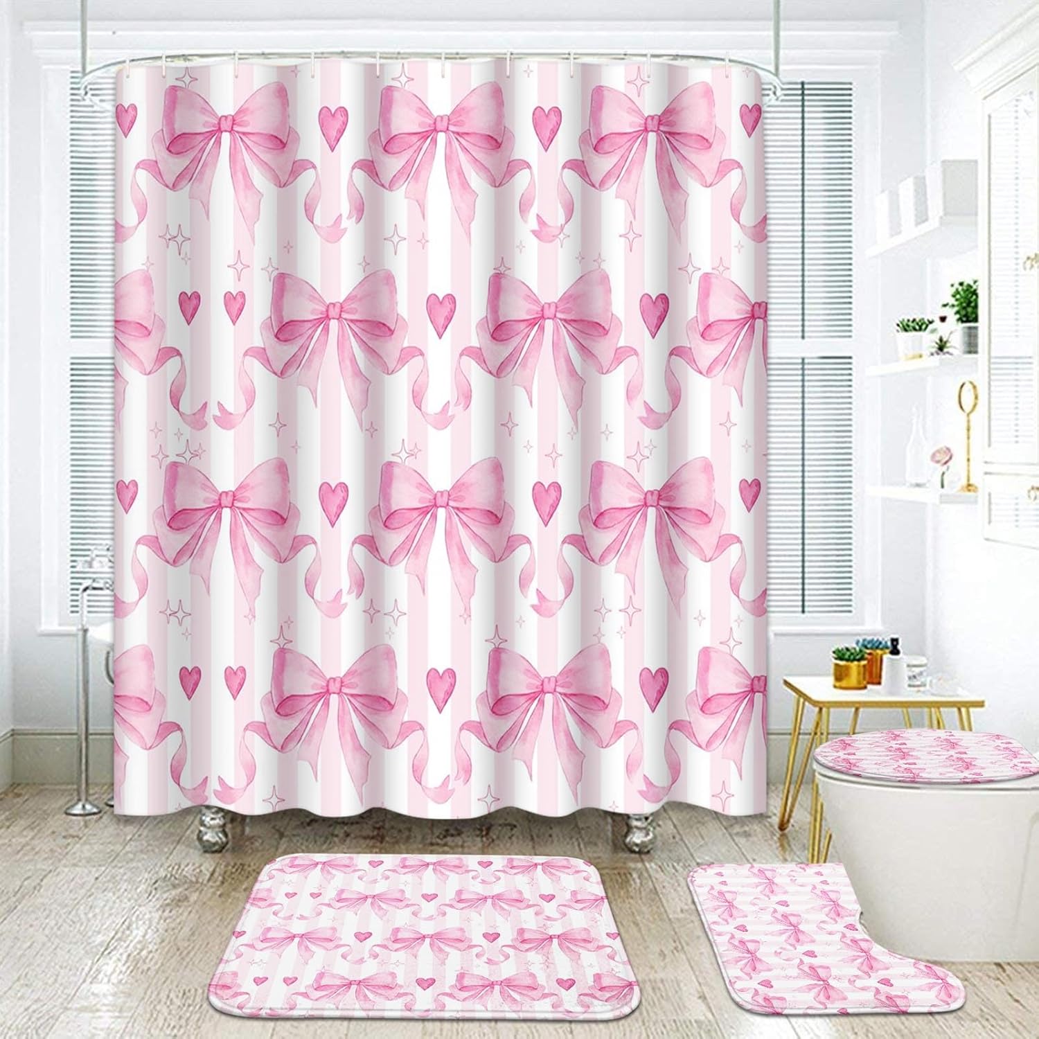 Arttown Black Bathroom Set with Shower Curtain and Rugs Accessories, Glitter Diamond Get Naked Lips Shower Curtains, Black and Pink Bathroom Decor 4 Pcs