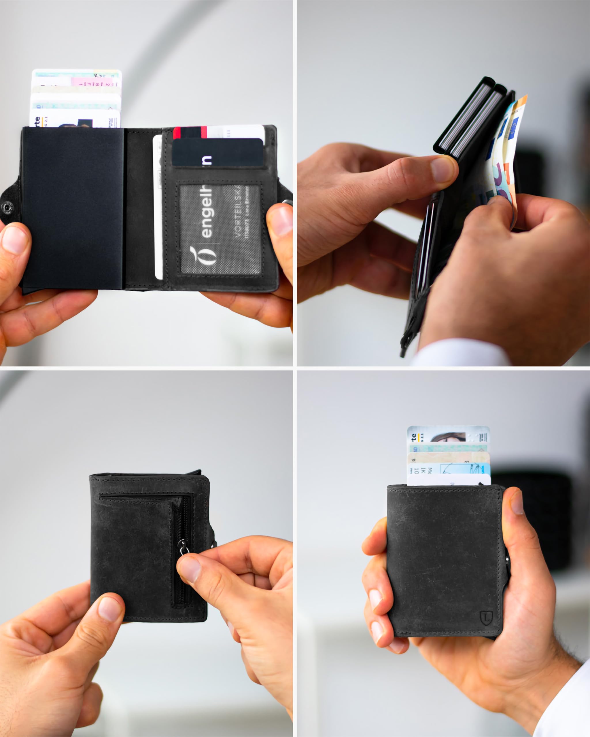 Lederhand® Swipe Vintage XL – Premium Wildleder Geldbörse handgemacht für Herren und Damen Portemonnaie Aluminium Kartenhalter mit Münzfach und Platz für 17 Karten mit RFID NFC Schutz | Schwarz