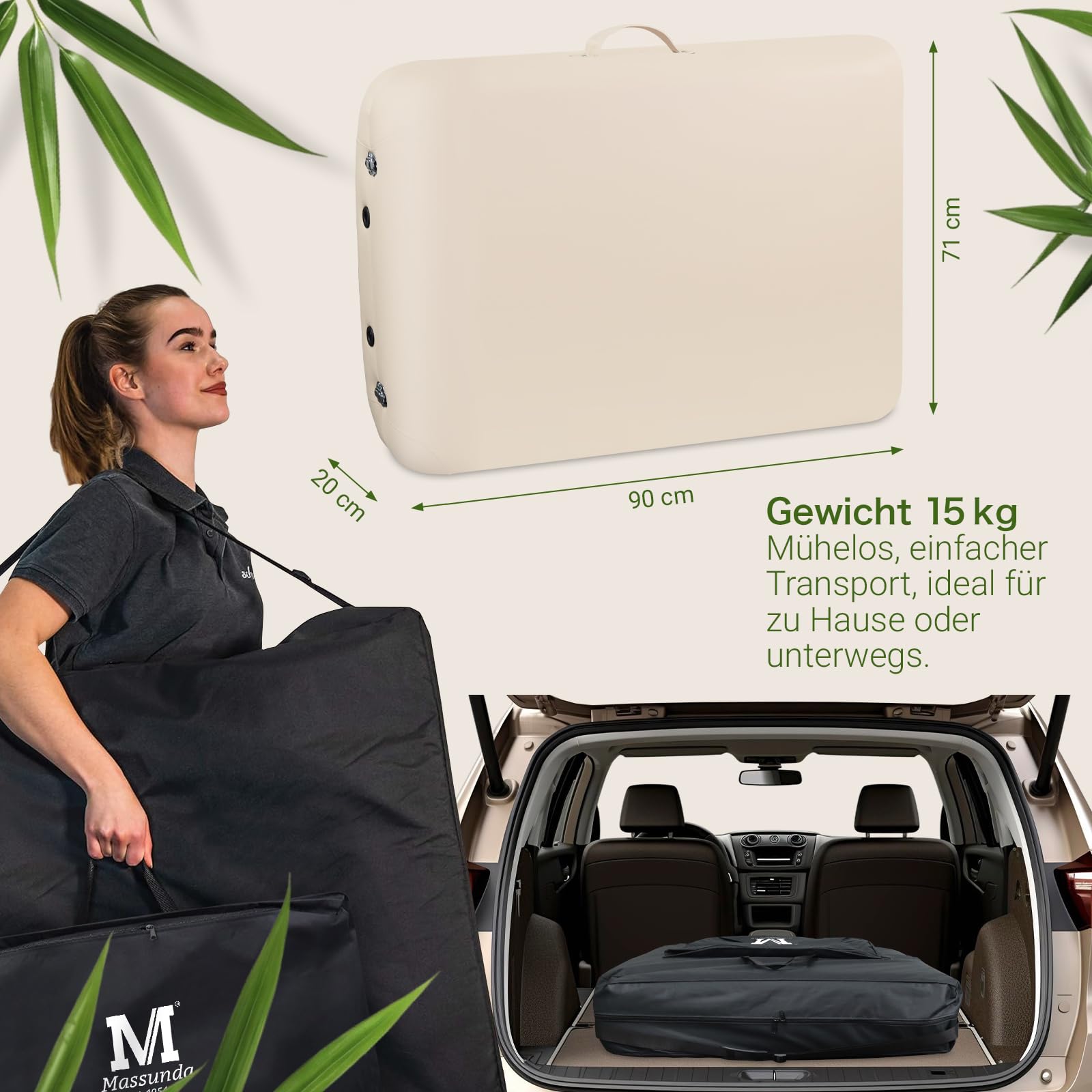 MASSUNDA – Mobile Comfort Deluxe Massageliege klappbar & höhenverstellbar – EXTRA breiter Massagetisch aus Vollholz – Massagebank mit ergonomischer Kopfstütze, Bezug, Armlehne, Kissen (Creme)