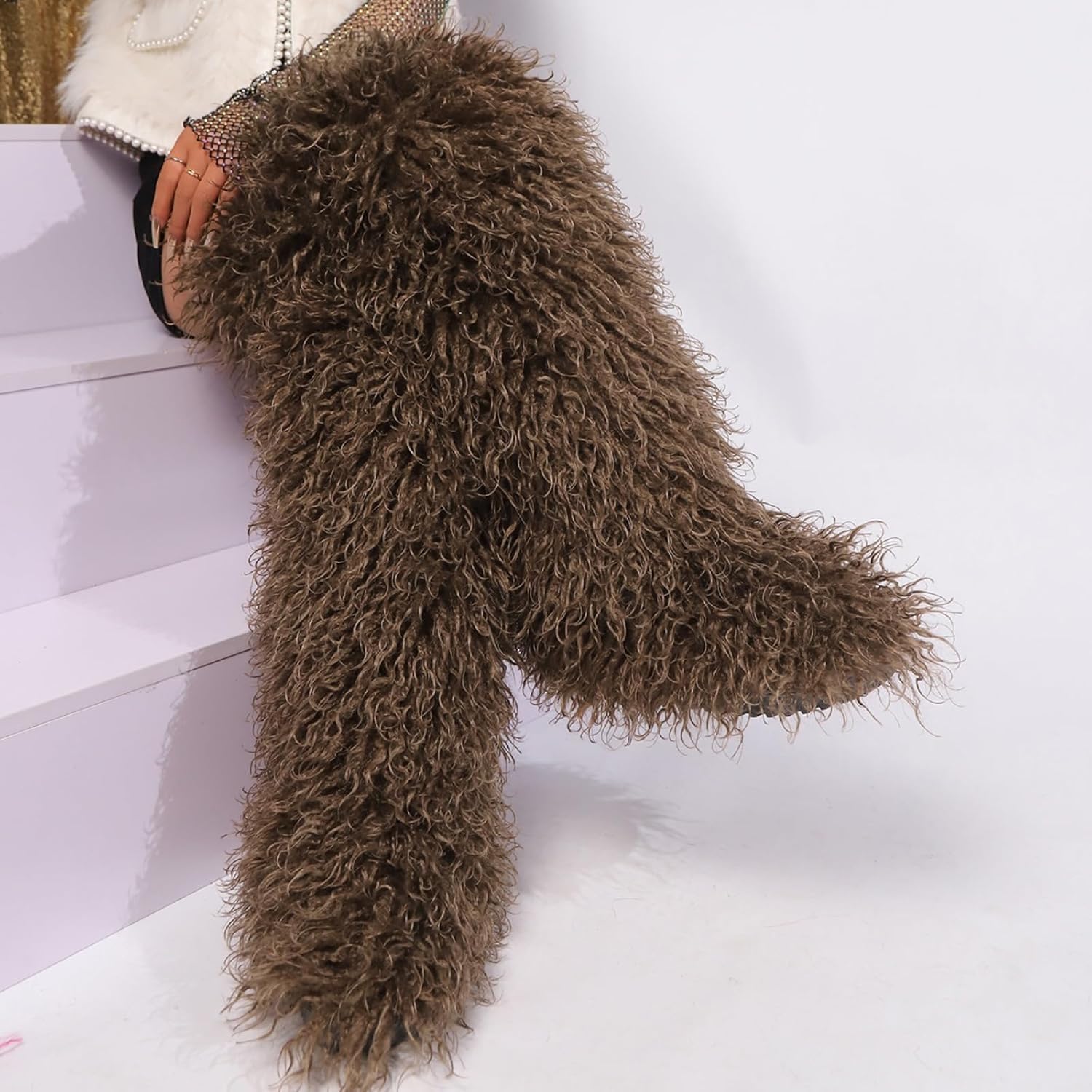 Rave Thigh High Faux Mongolian Fur Boots Y2K for Women, Fluffy Fuzzy Snow Winter Boots Over the Knee, Goth Emo Grunge Cute Fahsion Trendy, EDM Festivals Concert Parties Club, Christmas New Year.