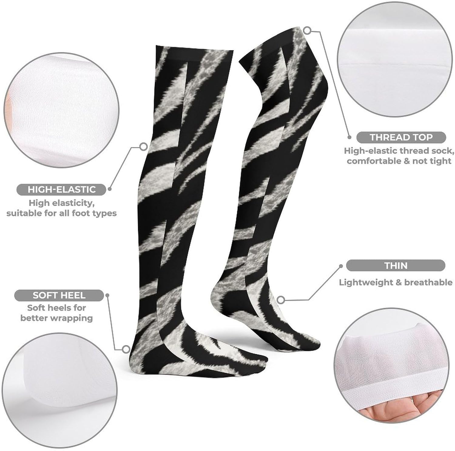 Black And White Zebra Print Knee High Stockings for Women 23.6" Breathable Thigh High Stockings Over The Knee Socks