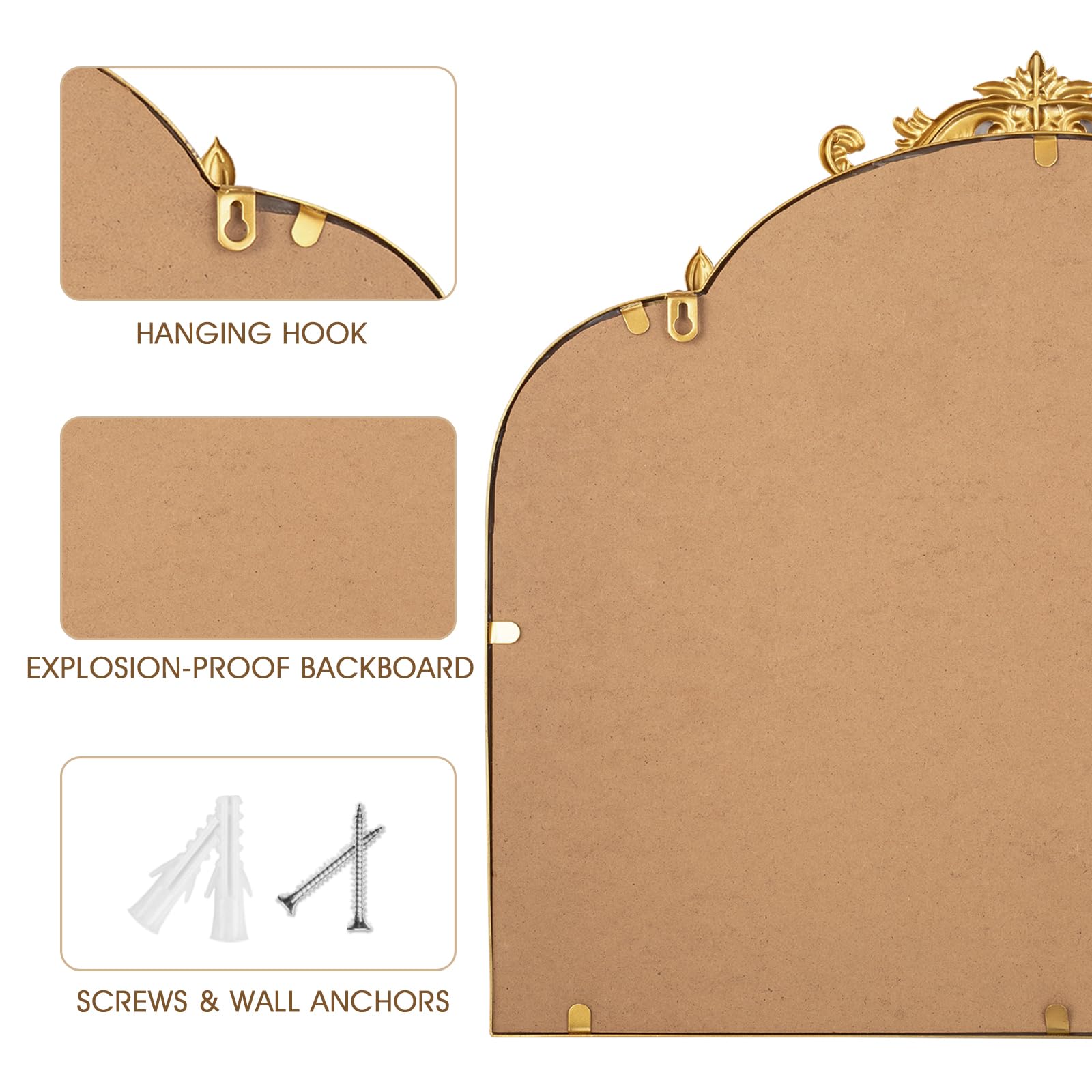 Espejo de Pared de Arco Dorado de 24 x 22 Pulgadas, Estilo Barroco con Marco de Metal, tocador, Dormitorio, baño, Entrada