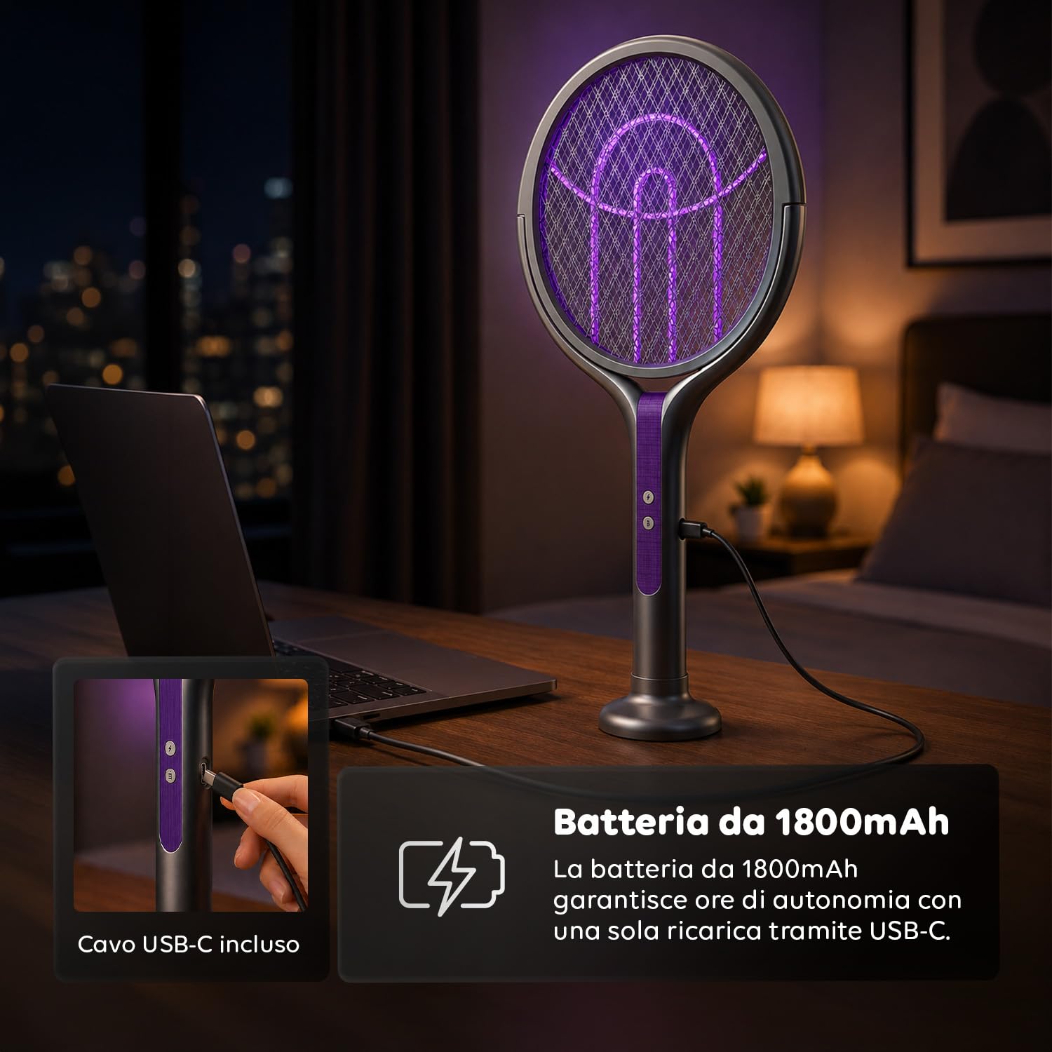 Avilia - Racchetta Zanzare Elettrica Telescopica 2 in 1 – 4000V, Griglia 5 Strati, Luce UV 365nm, USB-C | Racchetta Elettrica per Zanzare Ricaricabile 1800mAh, 79-108 cm, Griglia 90°,Da Tavolo/Manuale