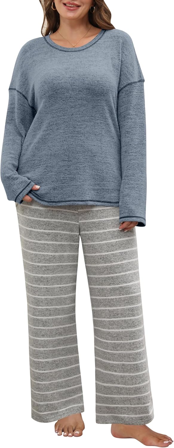 Blooming Jelly Womens Plus Size Pajamas Sets Cute 2 Piece Lounge Set Color Block Matching Fall Pjs Loungewear Pockets