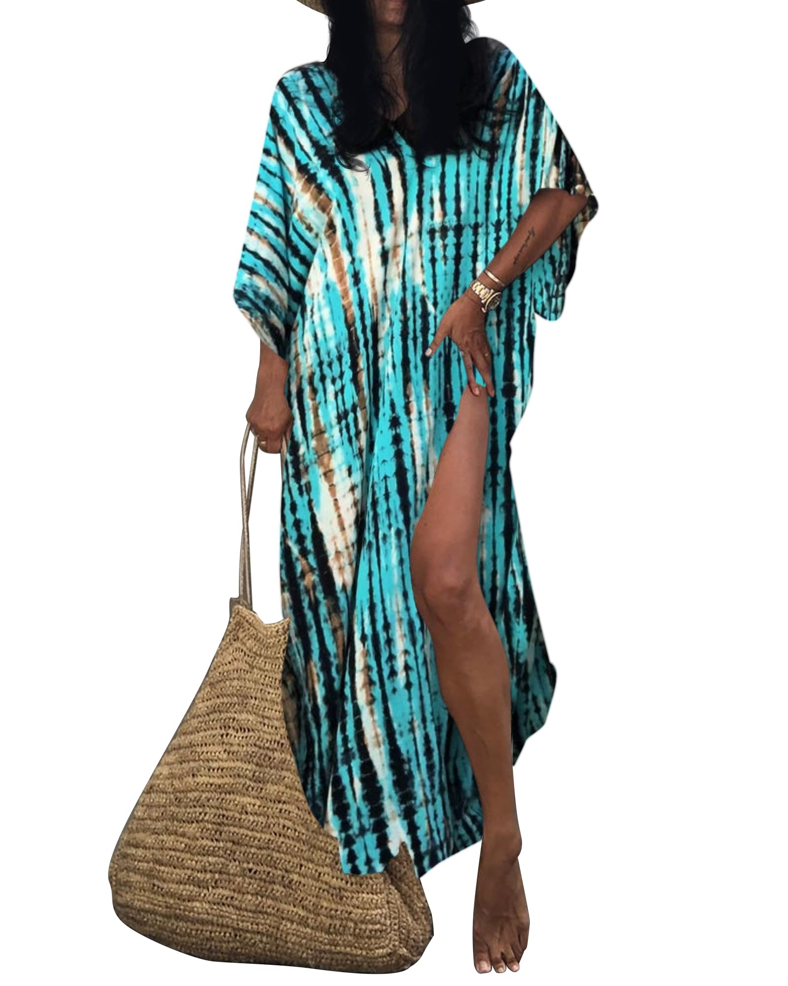 Bsubseach Women Print Beach Kaftan Dress Short Sleeve Plus Size Bathing Suit Cover Ups