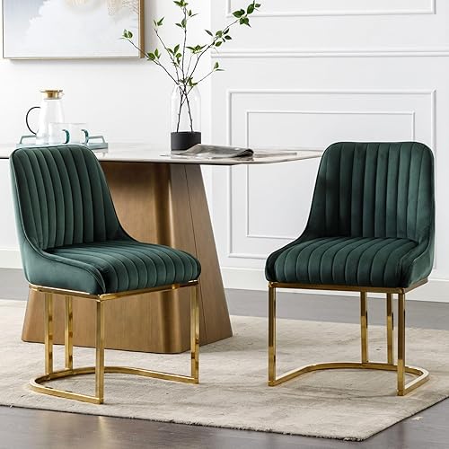 Juego de 2 sillas de comedor de terciopelo tapizadas de color verde con patas doradas, sillas de cocina modernas sin brazos con respaldo