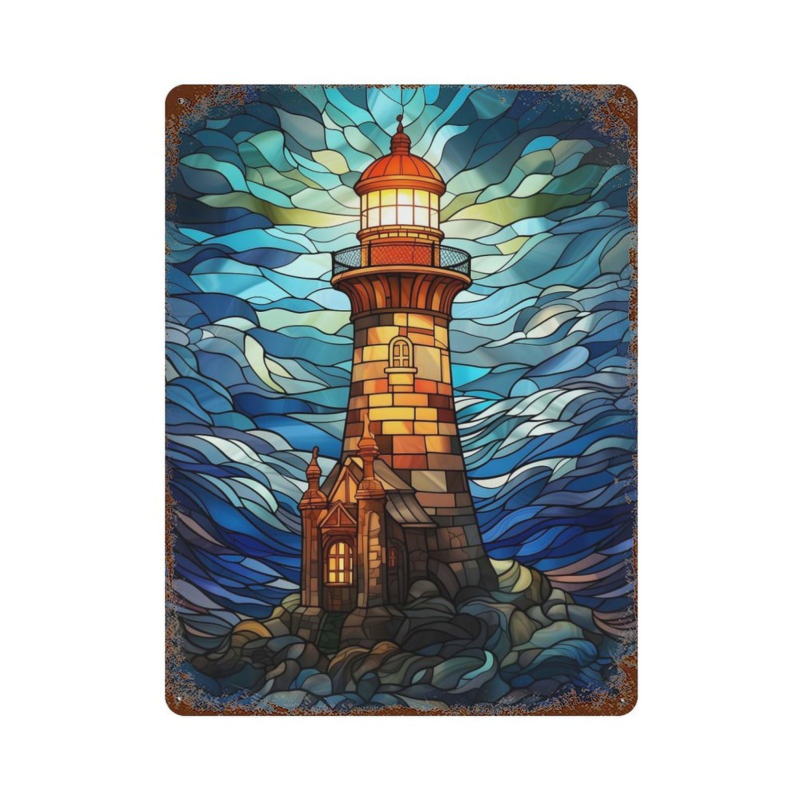 Vintage Metal Tin Sign Lighthouse Stained Glass 15.7"x11.8", Industrial Home Decor for Farmhouse, Kitchen And Entryway Decor