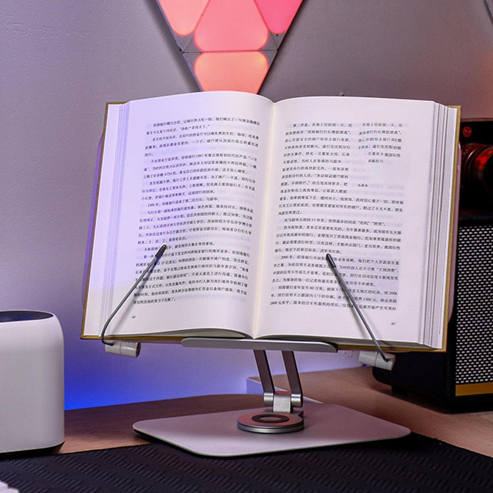 Woumlaiy Book Stand per lettura, supporto regolabile con base girevole a 360° e clip per pagina, supporto per computer portatile, supporto per libri di cucina, per scrivania, display, altezza