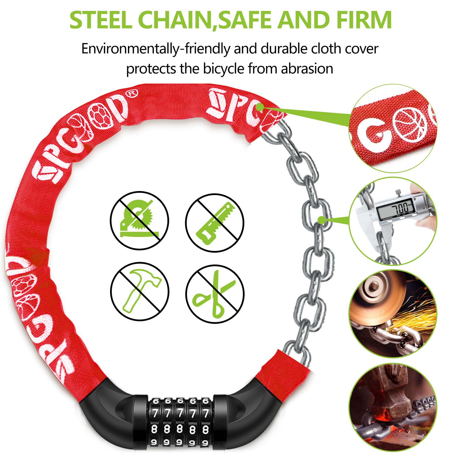 SPGOOD Lucchetto Bici Catena Bicicletta (14 Colori) Antifurto a Combinazione a 5 Cifre, per Bicicletta, Moto, Porta, cancello, Recinzione