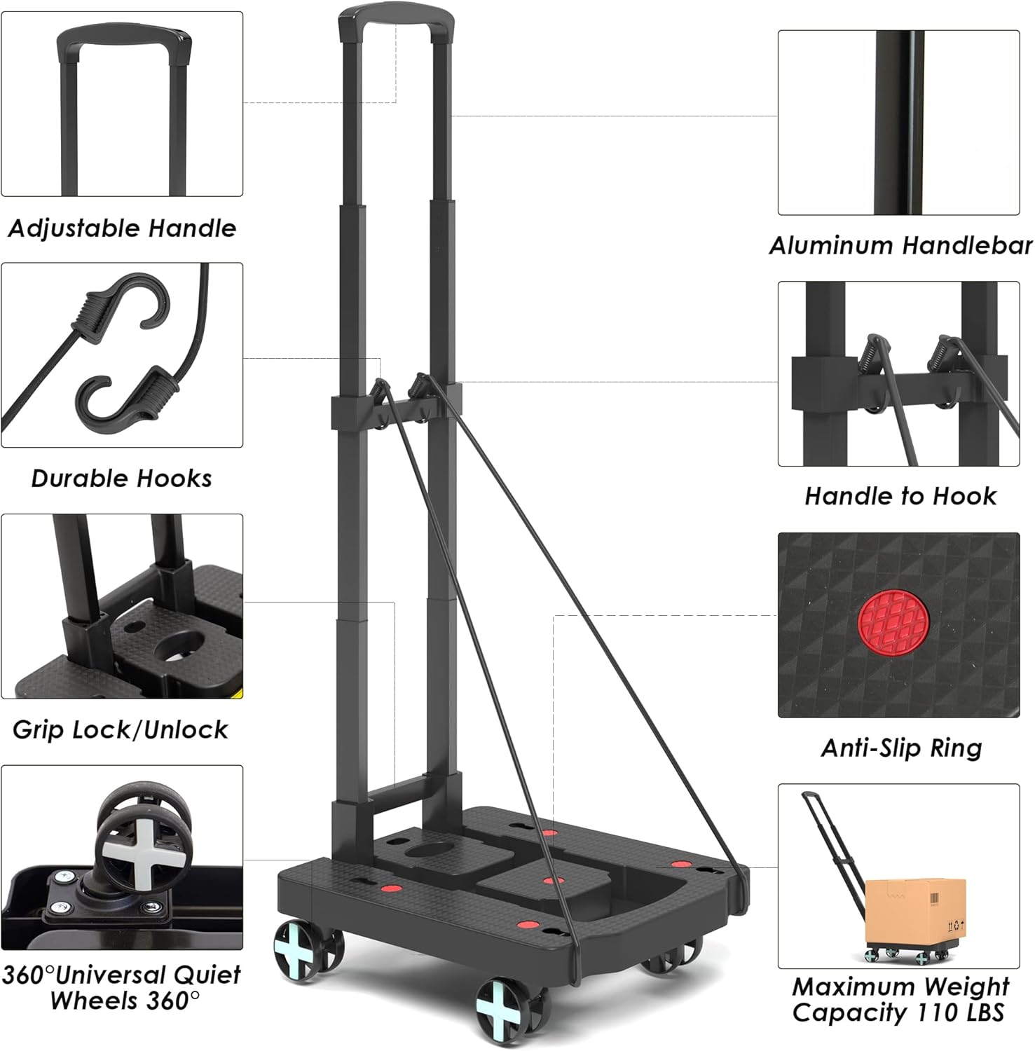 Folding Hand Truck, Foldable Lightweight Dolly Cart for Moving, Portable Platform Cart with 4 Swivel Wheels and Adjustable Handle, Foldable Cart for Personal, Travel, Auto, Moving,Office Use