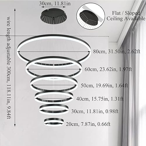 Miniatura 6 de Candelabro LED moderno con 6 anillos, luz colgante circular regulable con control remoto, lámpara colgante grande de techo alto negro para