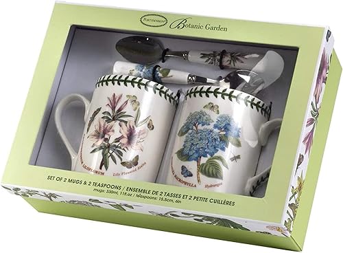 Miniatura 2 de Portmeirion Botanic Garden - Juego de taza y cucharadita Motivos florales de azalea y hortensia Juego de taza y cuchara de 4 piezas Tazas de 11