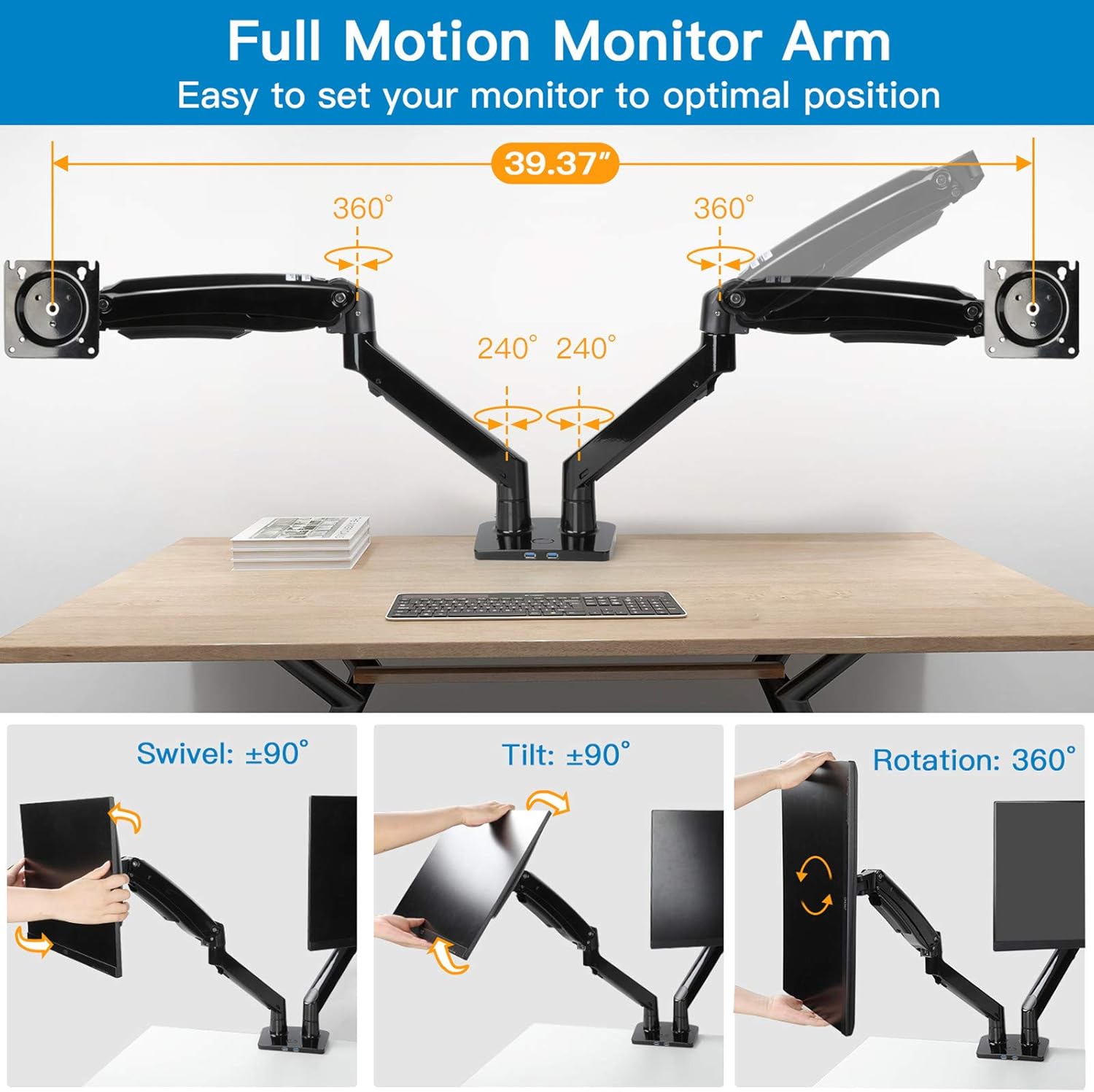 HUANUO Dual Monitor Mount Stand - Long Double Arm Gas Spring Monitor Desk Mount for 2 Screens 22 to 35 Inch Height Adjustable VESA Bracket with Clamp, Grommet Base -Each Arm Hold up to 26.4 lbs : Electronics