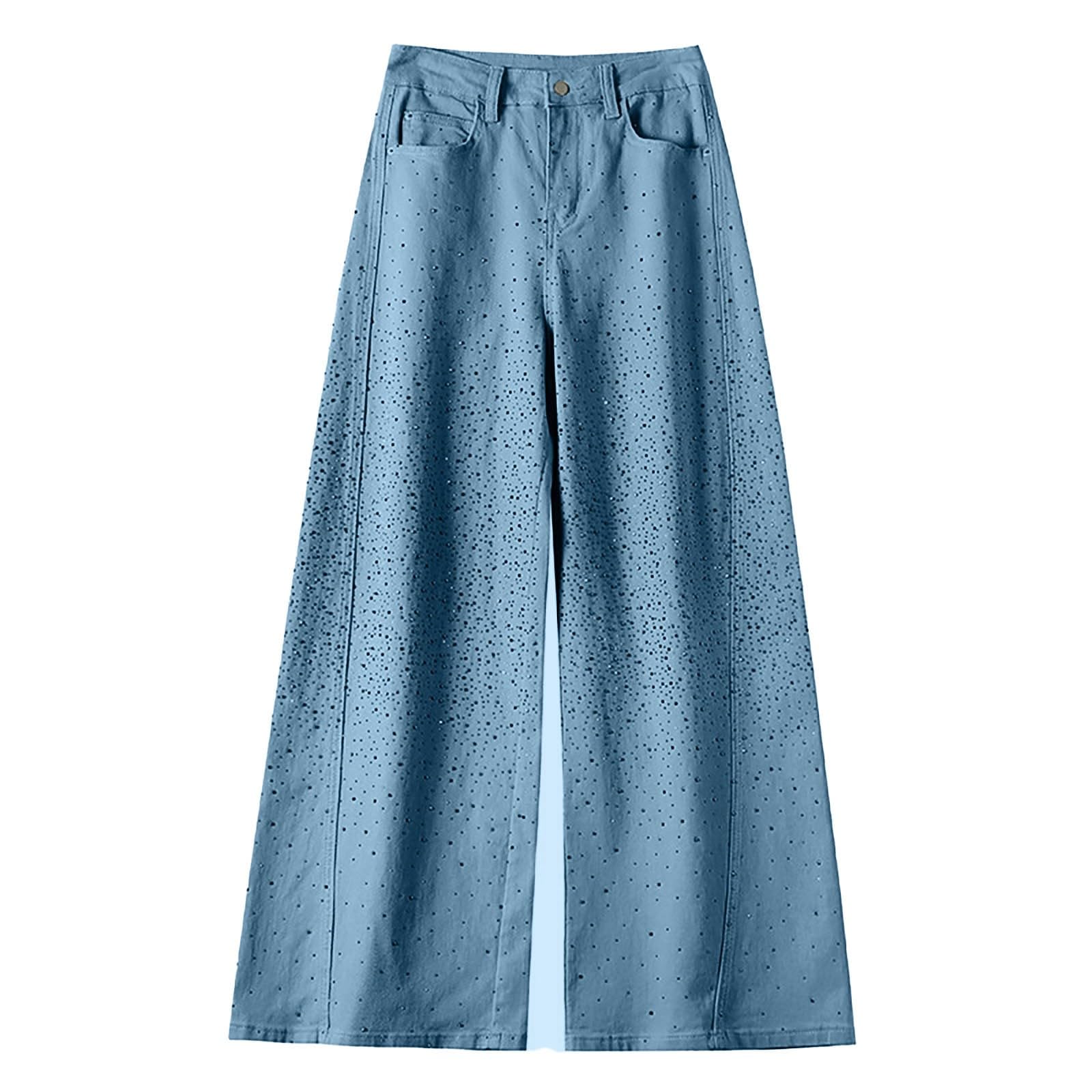 Pantalones holgados para mujer, cintura alta, pierna acampanada (Flared) en aspecto vaquero con adornos de diamantes de imitación, diseño de patchwork para un estilo vintage moderno, pantalones de
