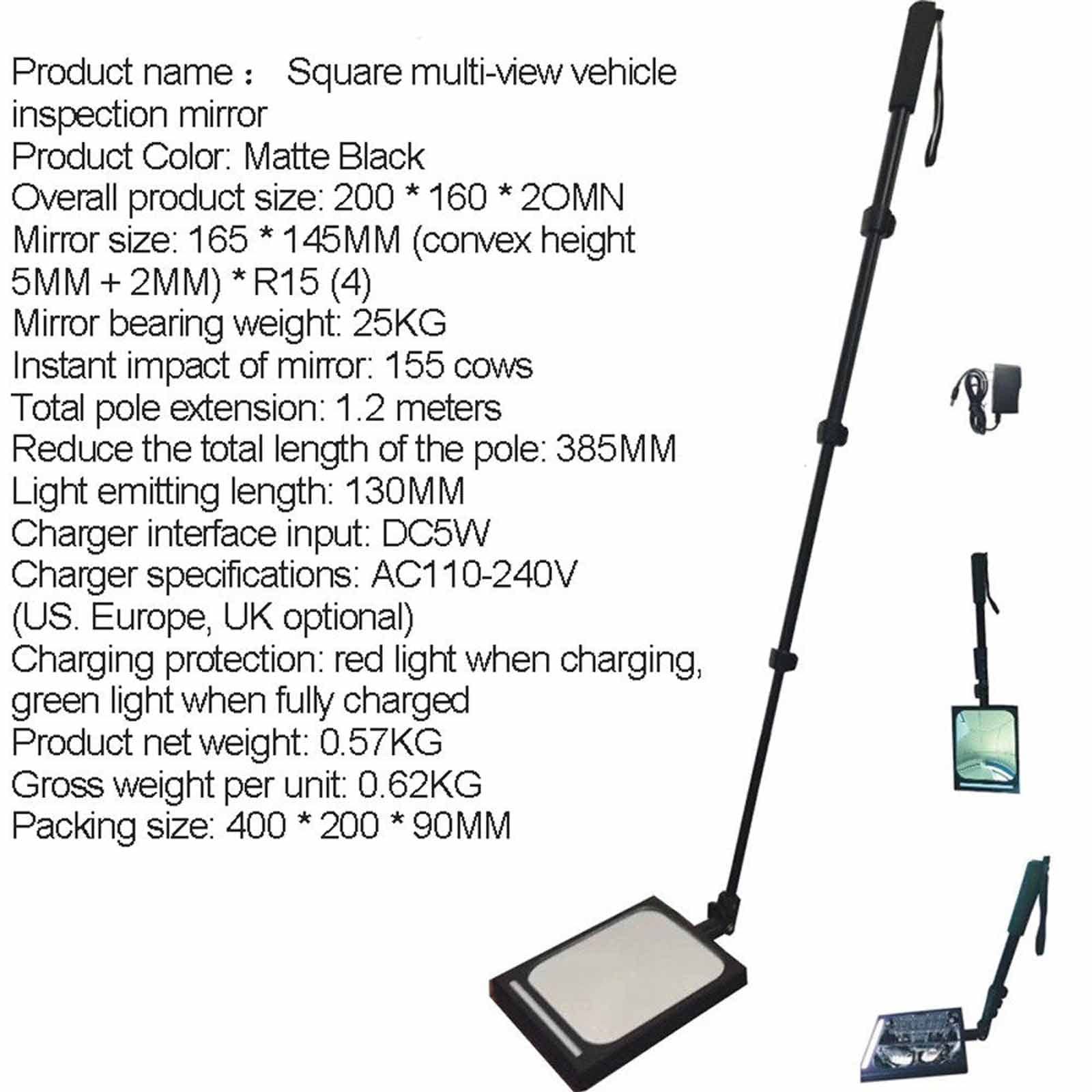 Cuidado En El Hogar Espejo De Inspección Debajo del Vehículo con Luz Led, Kit De Espejo De Inspección Telescópico Retráctil Extensible, Equipo Visual para Vehículos, Recargable,Negro