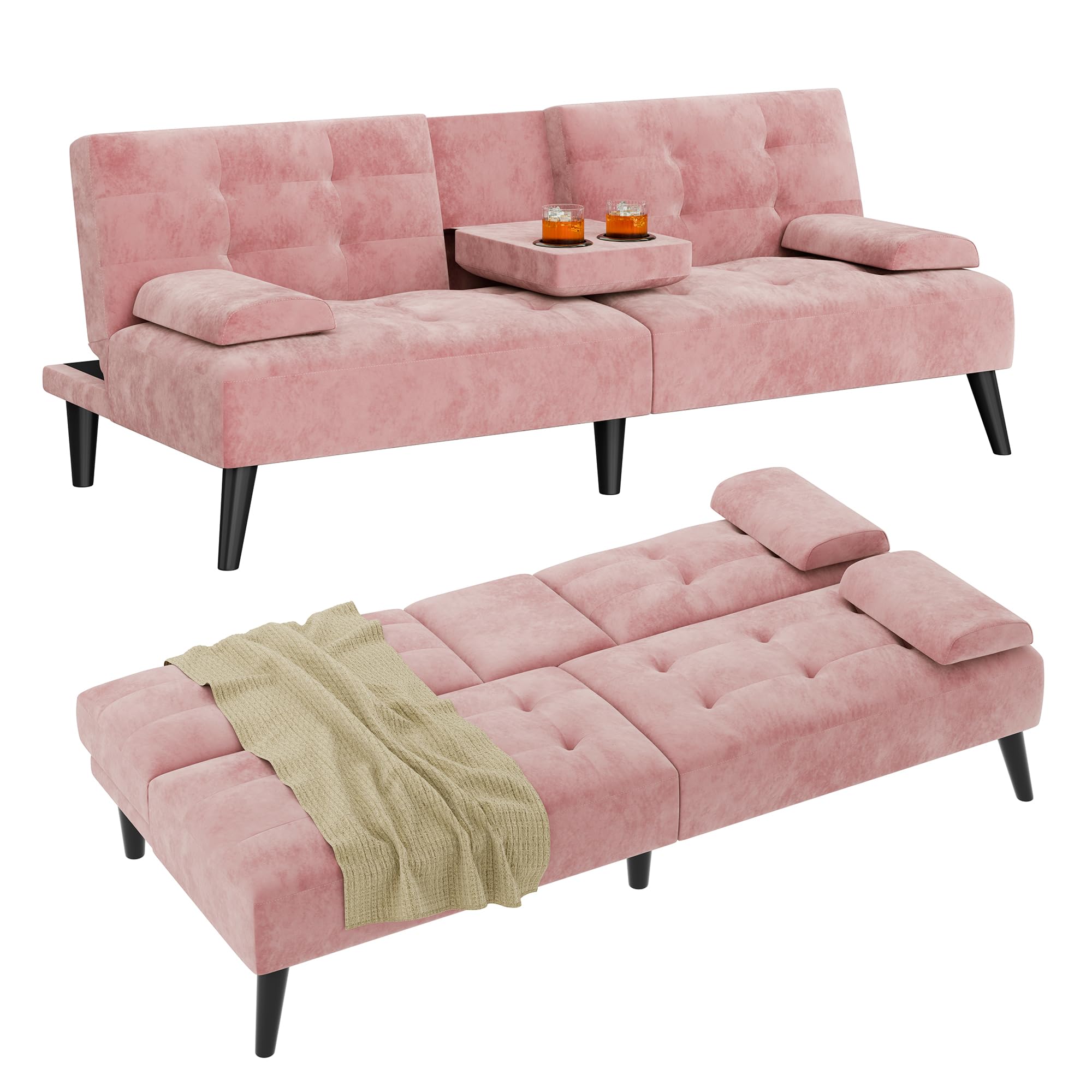 Shintenchi 64" Futon Sofa Bed, Velvet Foldable Couch, Reclining Sleeper with Removable Armrests, Upholstered Loveseat Sofa Couch with Folding Cup Holders for Home, Office, Pink