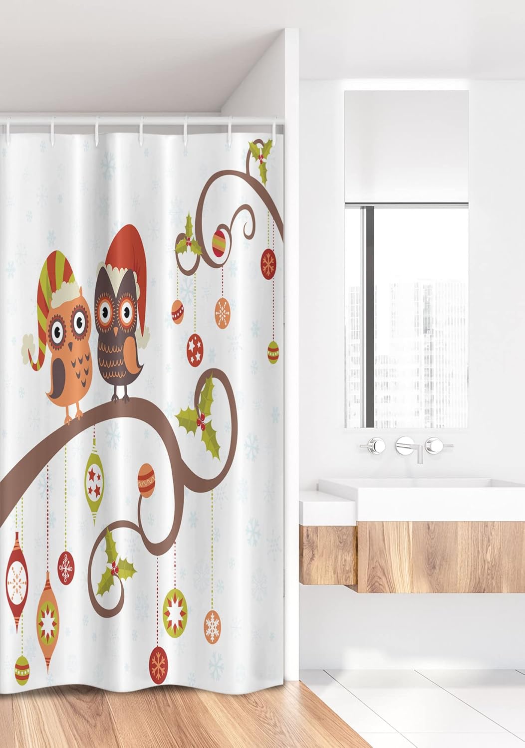 Ambesonne Christmas Stall Shower Curtain, Owls on Celebrating Twiggy Tree Branches Annual Yule Noel Christmas Themed Print, Fabric Bathroom Decor Set with Hooks, 36" W x 72" L, Brown Red