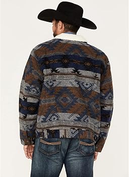 Men's wrangler sherpa lined jacquard print jacket in blue depths Clearance