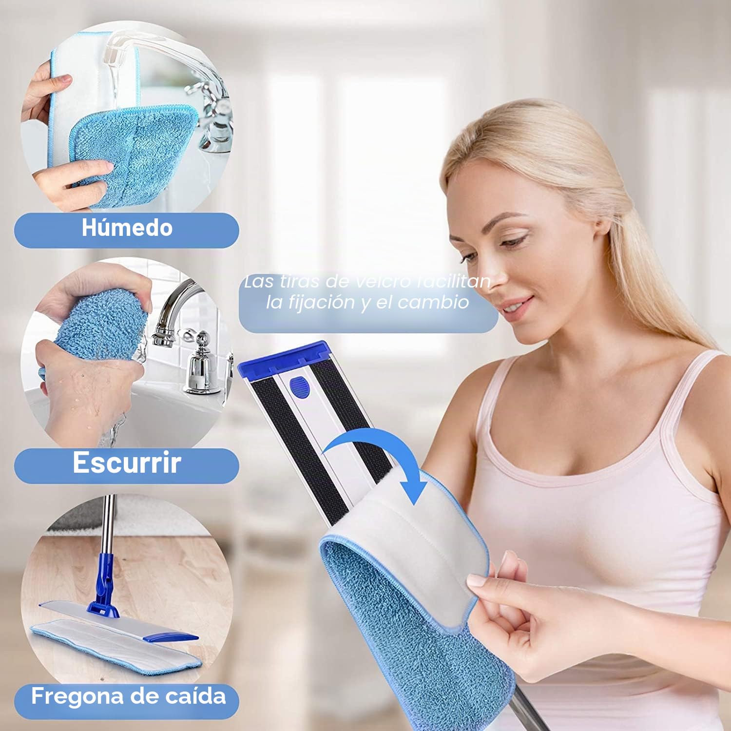 Mopa de Microfibra Profesional de 18 Pulgadas, trapeador Plano con Mango de Acero Inoxidable, 4 Almohadillas Reutilizables Lavables y Cepillo de fregona, mopa de Microfibra para Madera Dura (fregona