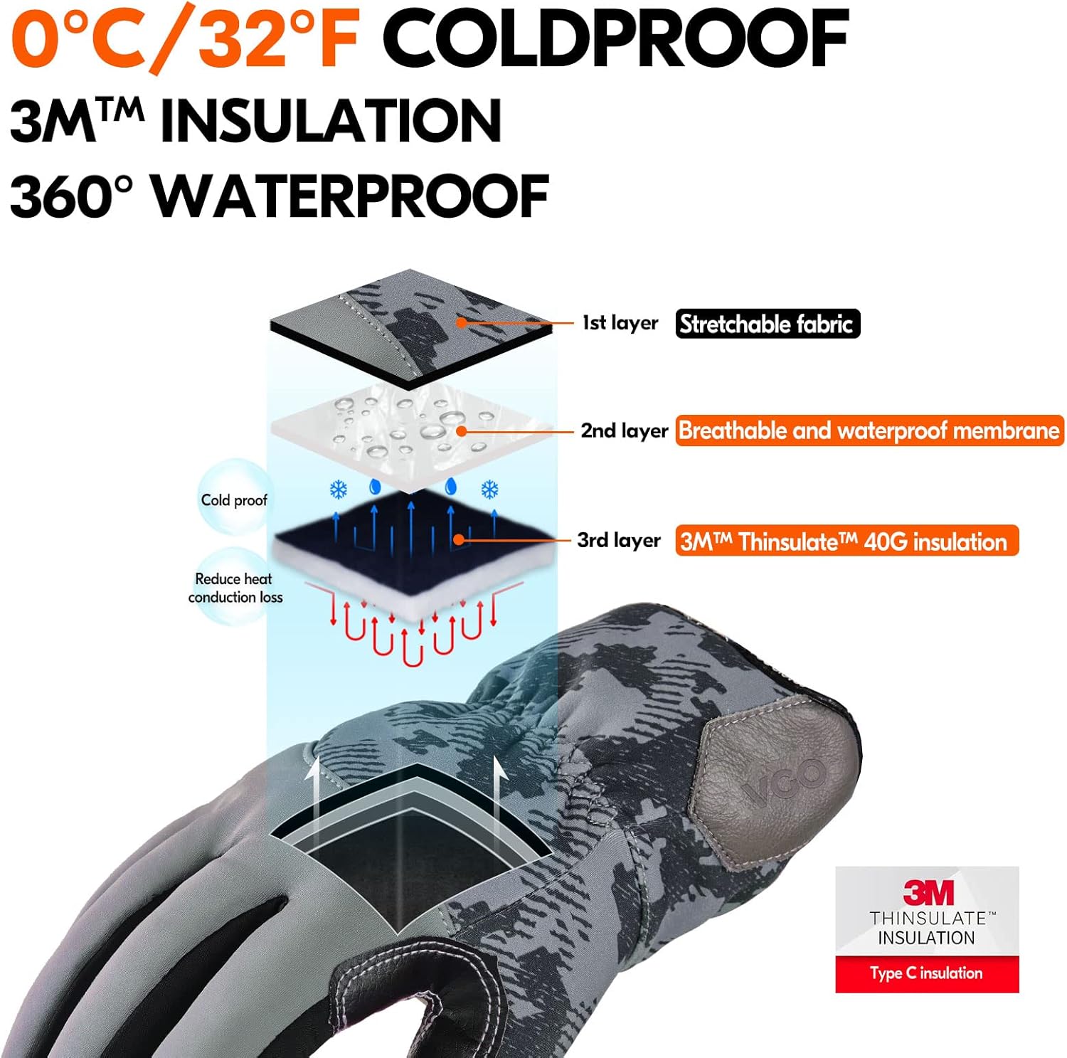 Vgo... Winter Work Gloves for Men,Cold Weather Waterproof Gloves,Freezer Use,Cow Leather,Touchscreen(CA9790FW) - Image 2