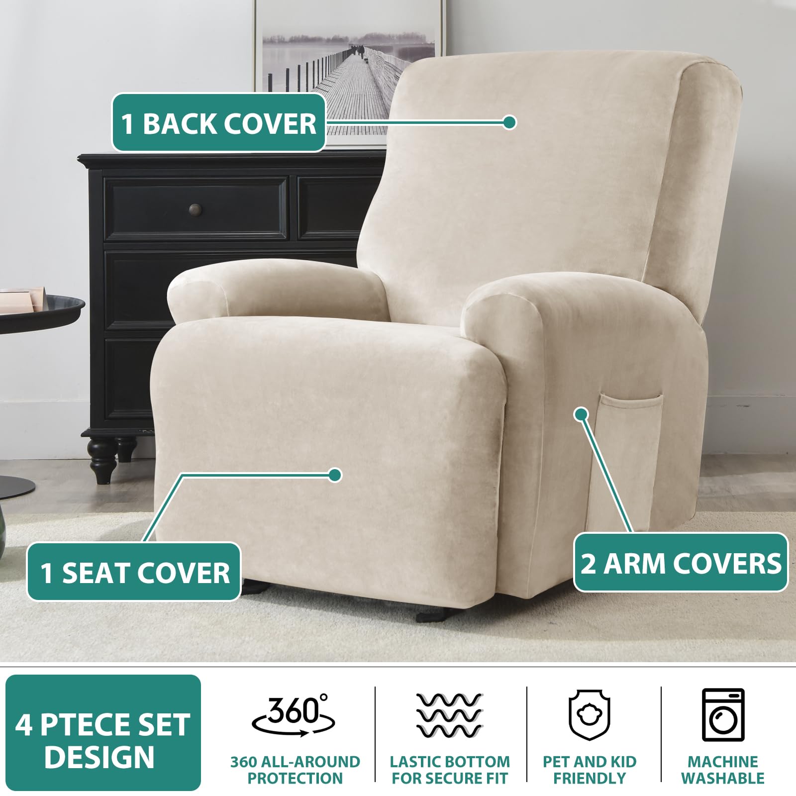 Leorate Velvet Recliner Chair Cover with Side Pocket - Image 4