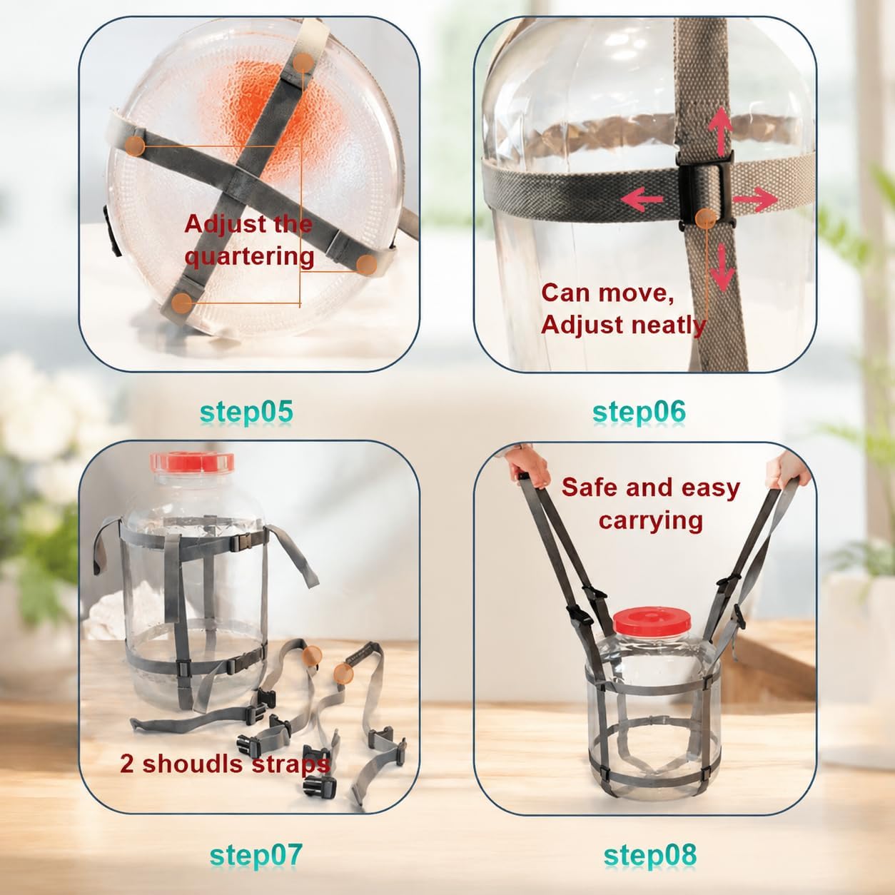 Carboy Carrier, 10 Gallon Glass Carboy Easy-Carry Straps, Glass Bottle Protector, Adjustable Strong for Safe Lifting Moving Carrying Jug Bottle, Fits 8-12 Gal, Gray, Cotton, No Carboy