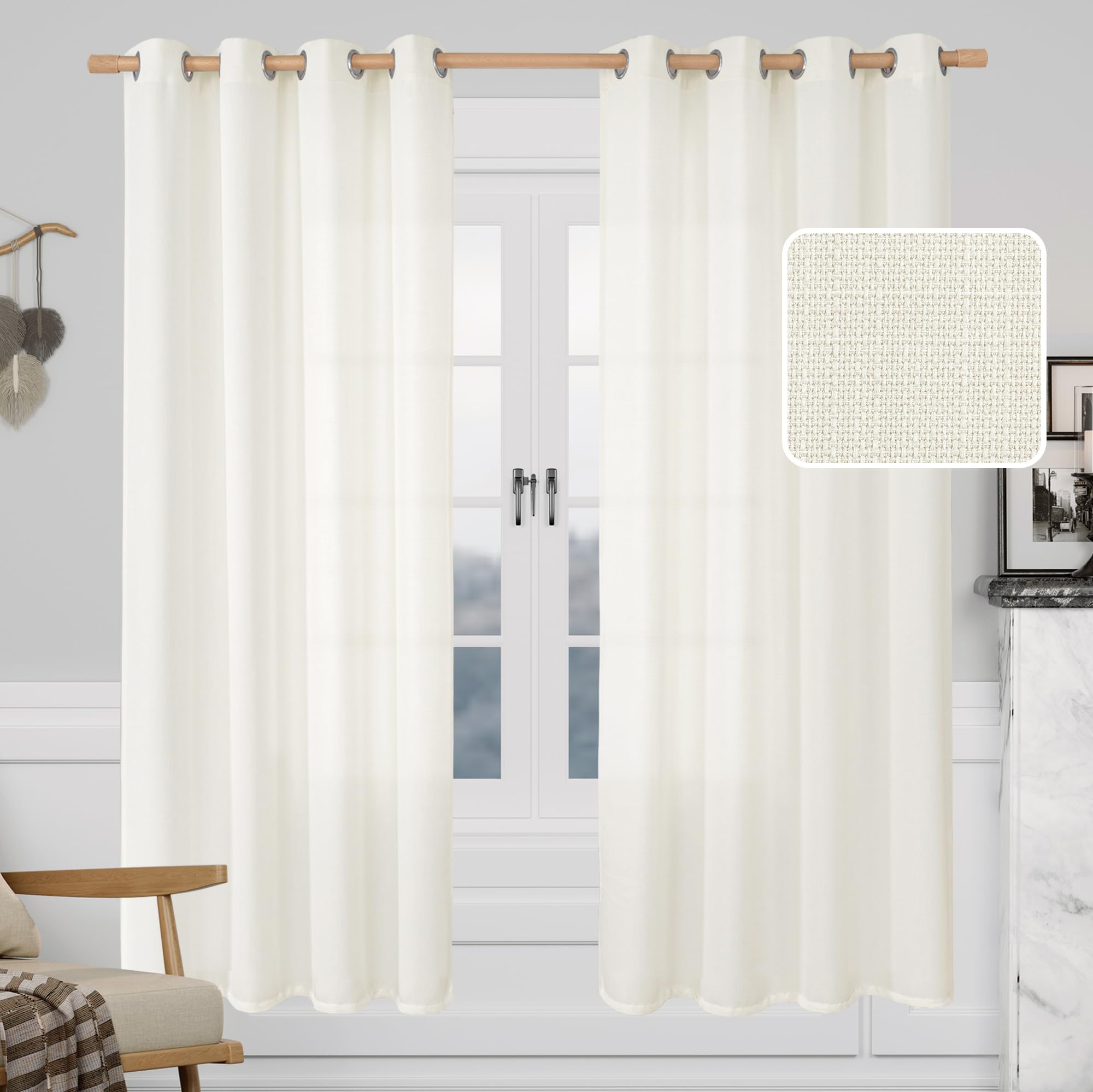 LAMIT Cream White Living Room Linen Curtains 72 inch Length, 2 Panels