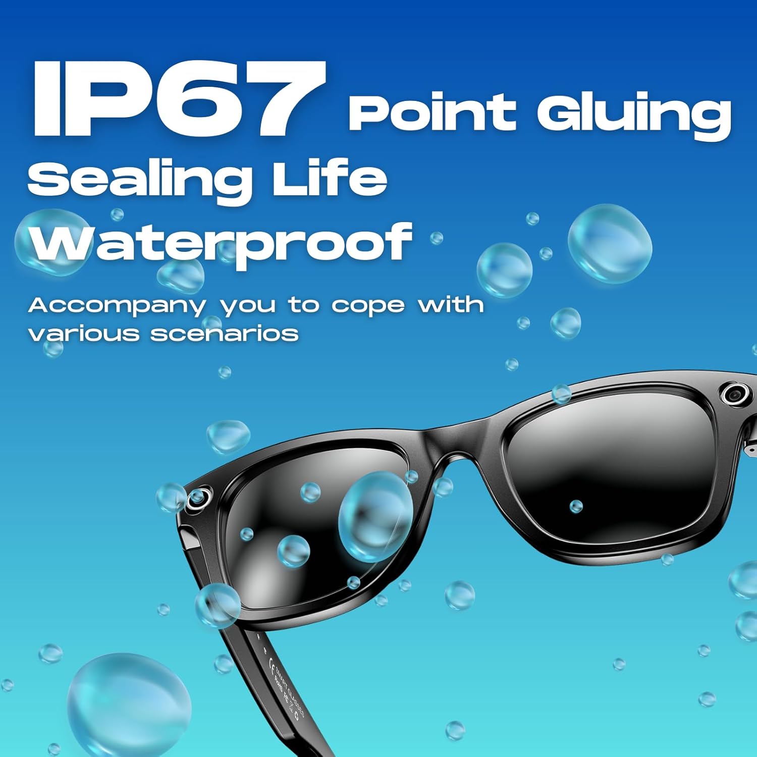 Graphic showing the IP67 Waterproof rating of the W610 glasses with water droplets.