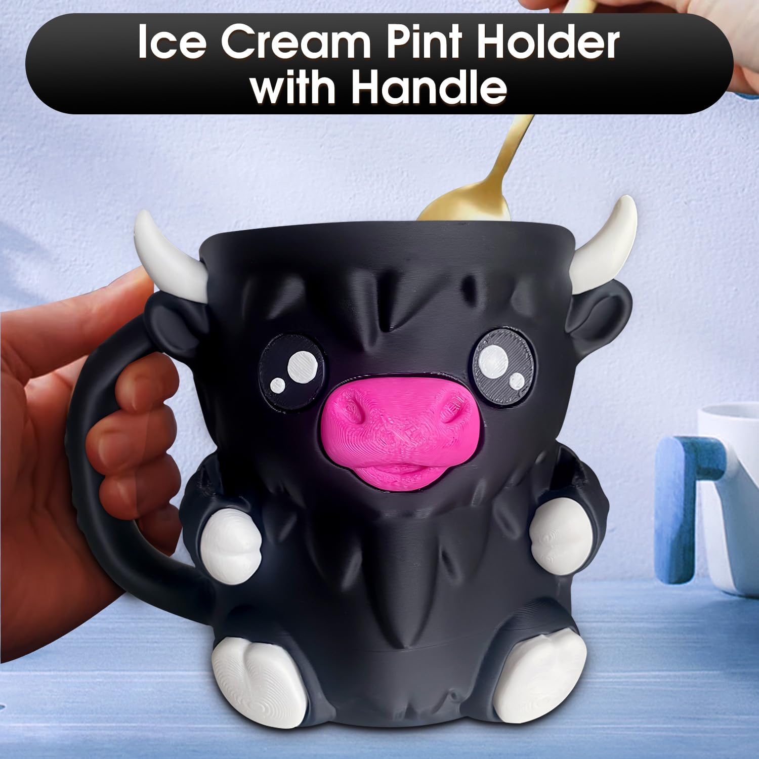 Highland Cow Eiscremehalter mit Griff und Löffel, 3D-wiederverwendbarer Eisbecher, Pint-Halter mit Snackschublade, niedlicher Tier-Frost-Becherhalter für Eis, Bierdose, groß