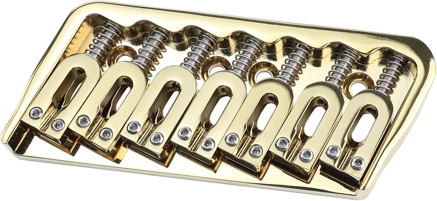 7 String Guitar Fixed Bridge 10.5mm Zinc Alloy Fanned Frets Electric Guitar Hardtail Bridge Compatible with Telecaster Tele Strat Stratocaster Electric Guitar Replacement Parts (Gold)
