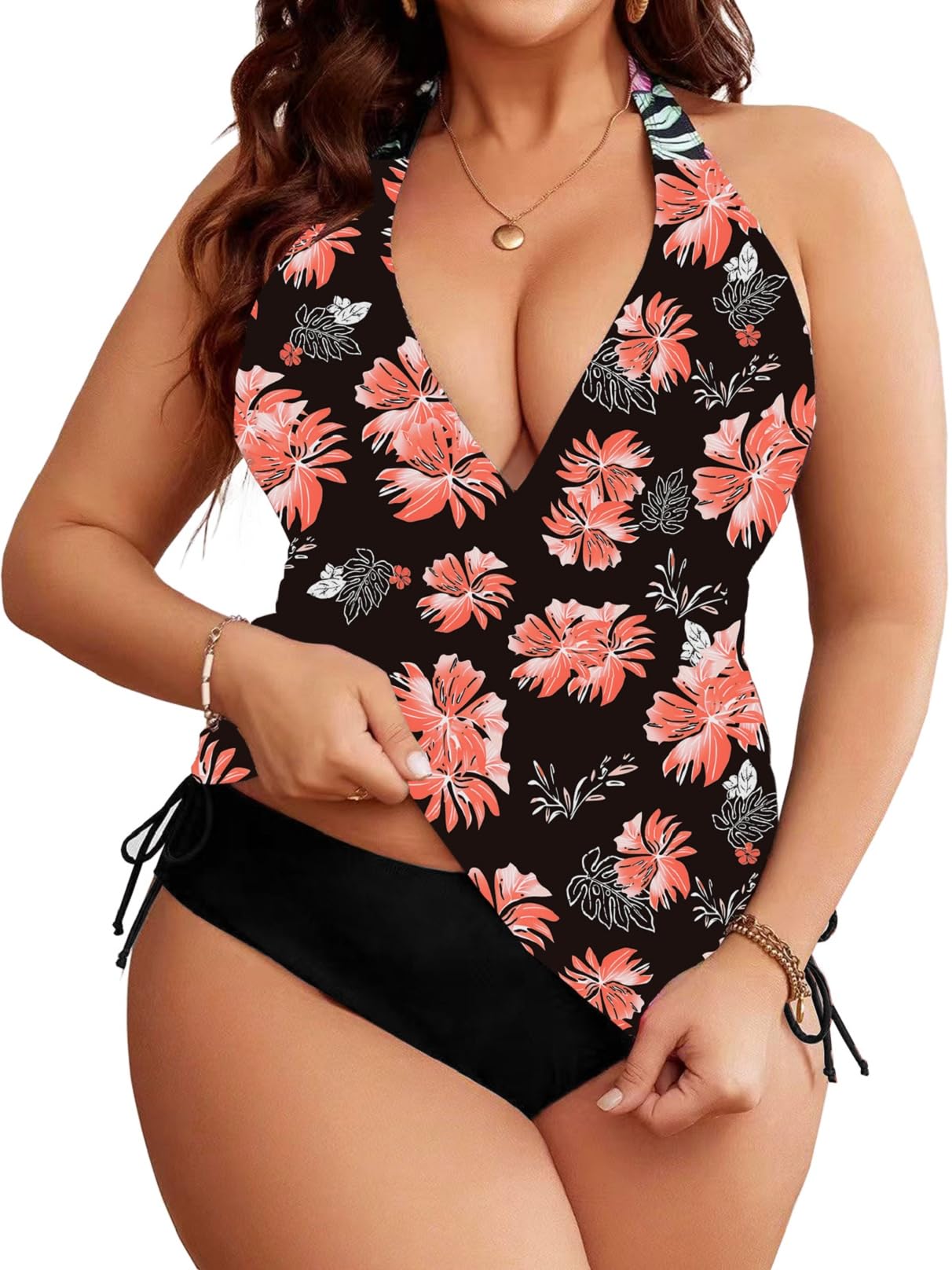 Yutdeng Tankinis Mujer Tallas Grandes Trajes de Baño 2 Piezas Bañadores Push Up con Relleno Halter Cuello V Tankini Reductores Top con Tanga Vientre Plano Bañador Talla Grande Mujer