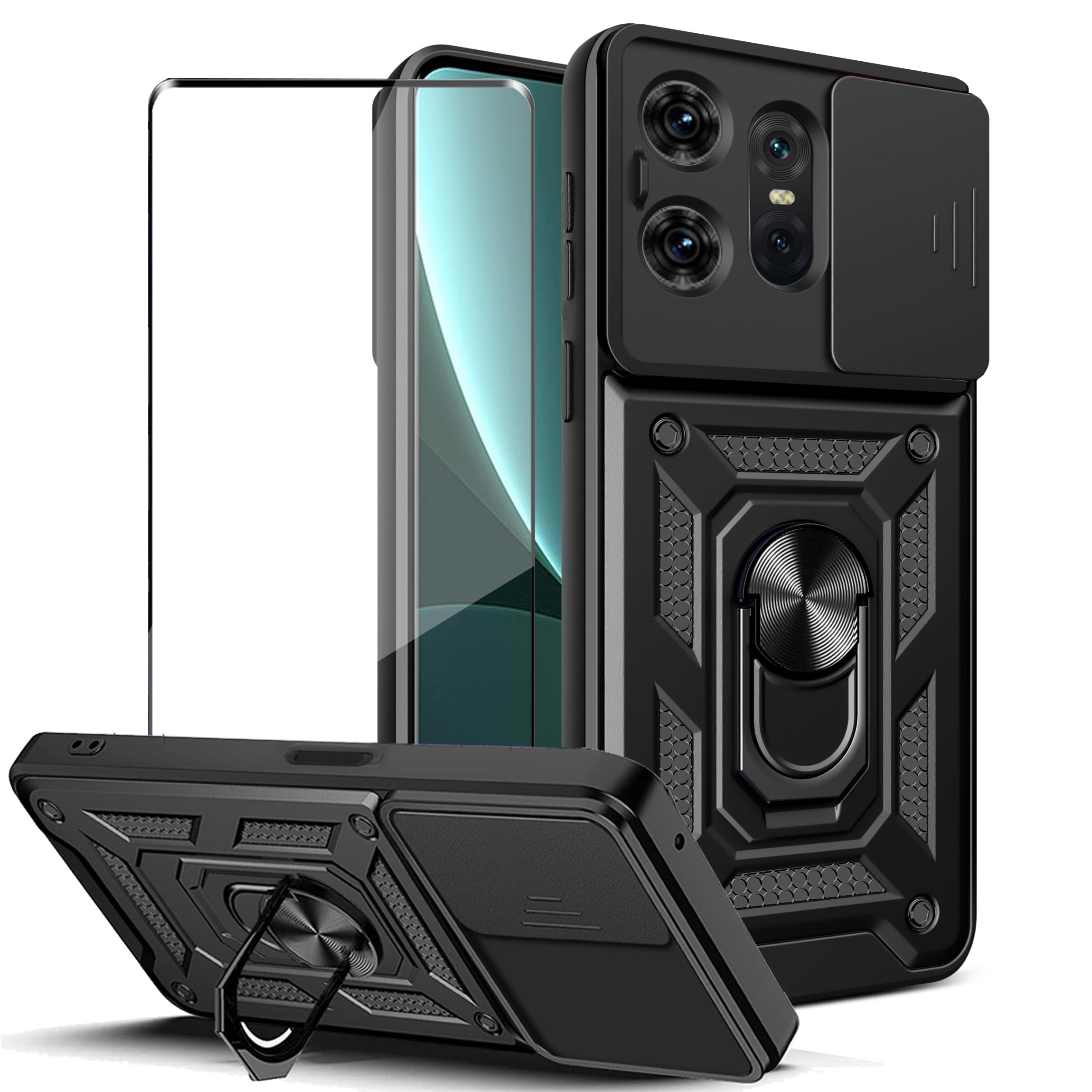 for Motorola Edge 50 Pro 5G Case Cover with Full Covered Tempered Glass Screen Protector Built Slide Camera Protection Cover,Military Heavy Duty Protective Phone Case - Black
