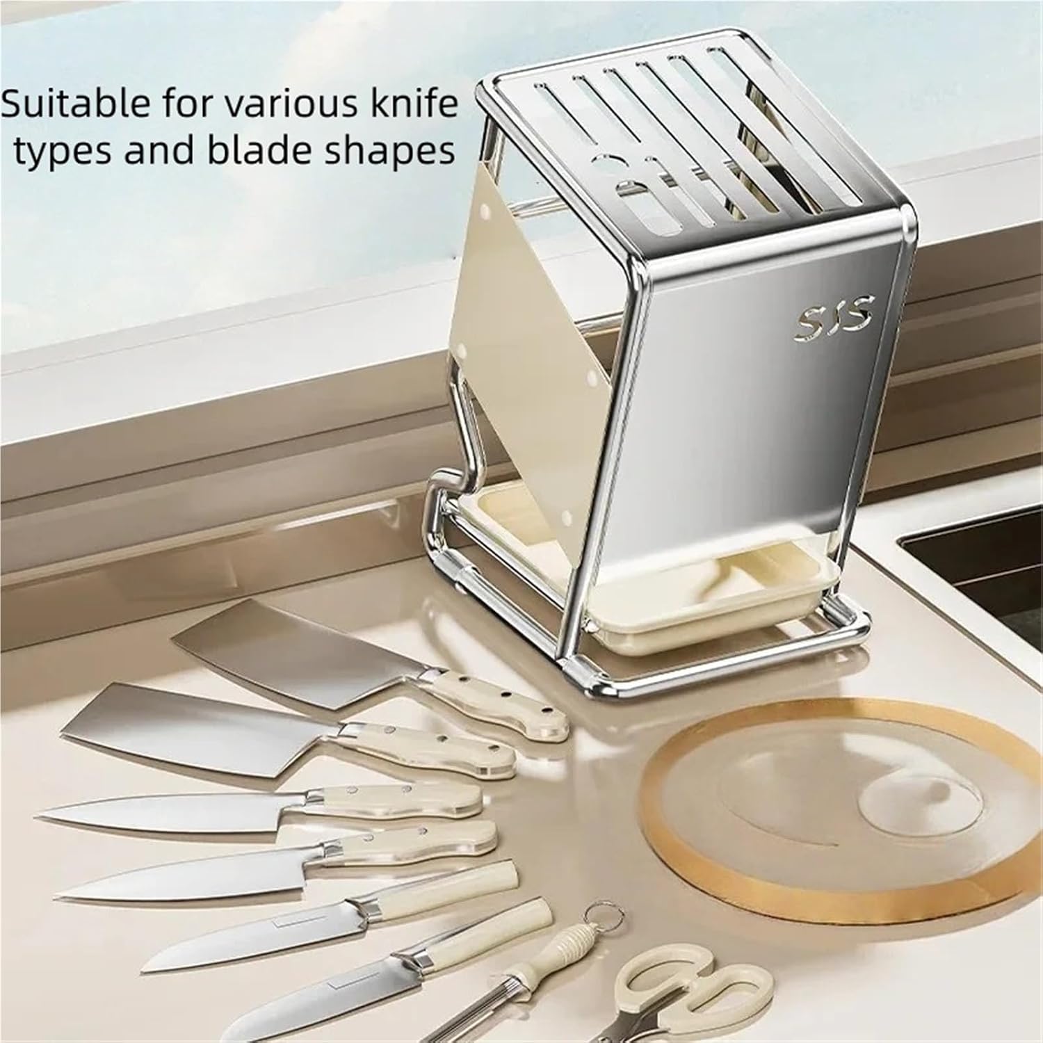 Multifunctional all-in-one stainless steel kitchen knife, chopstick, and cutting board storage rack