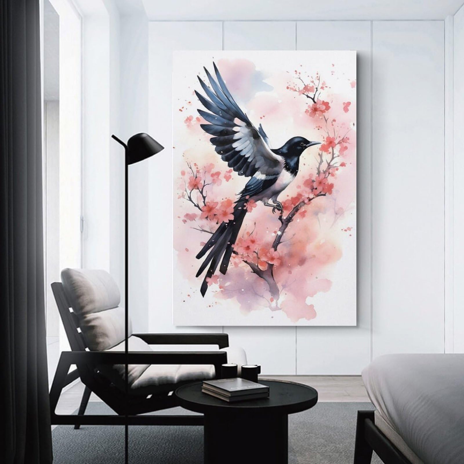 Junmoney Unframe-Style-23-1 Hanging Wall Art Cherry Blossom Magpie Art Print, 20X30inch(50X75cm), For Wall Displays, Bedrooms Or Room Updates, Wall Decor Suited To Curated Displays