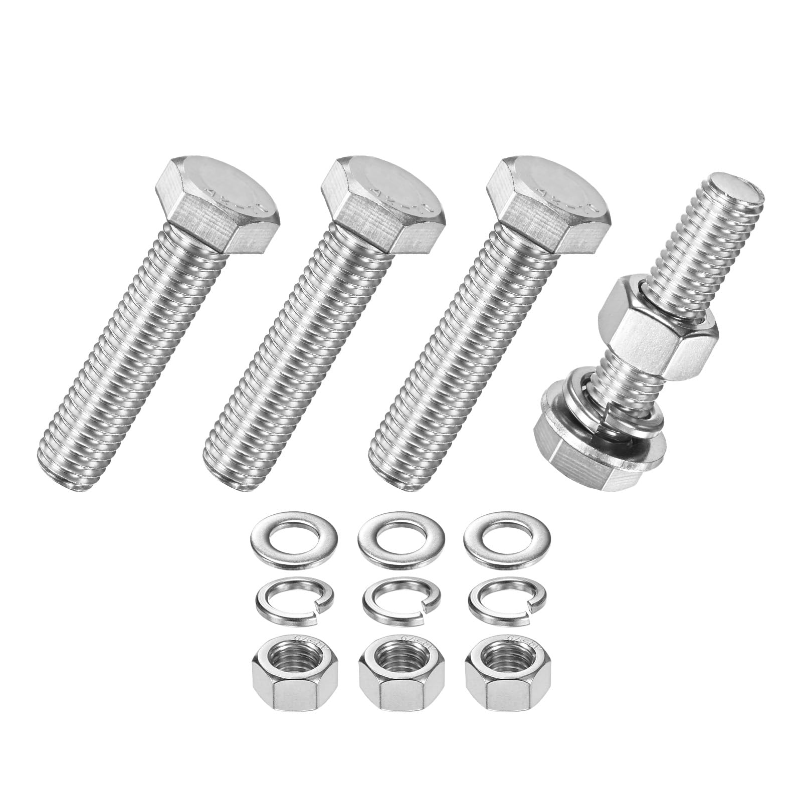 M METERXITY 4-Pack Hex Head Screw Bolt with Nuts Flat & Lock Washers M12x50mm Stainless Steel Bolts and Nuts Kit Fully Threaded Metric Bolt Assortment for Equipment/Machinery