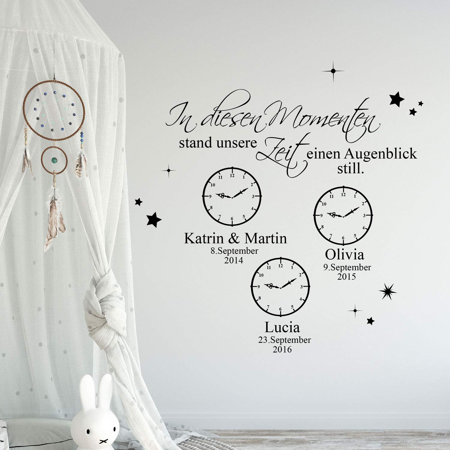 Wandtattoo " In diesen Momenten stand unsere Zeit einen Augenblick still " mit Wunschdaten M2442 - ausgewählte Farbe: *rosa* ausgewählte Größe: *L - 120cm hoch x 120cm breit*