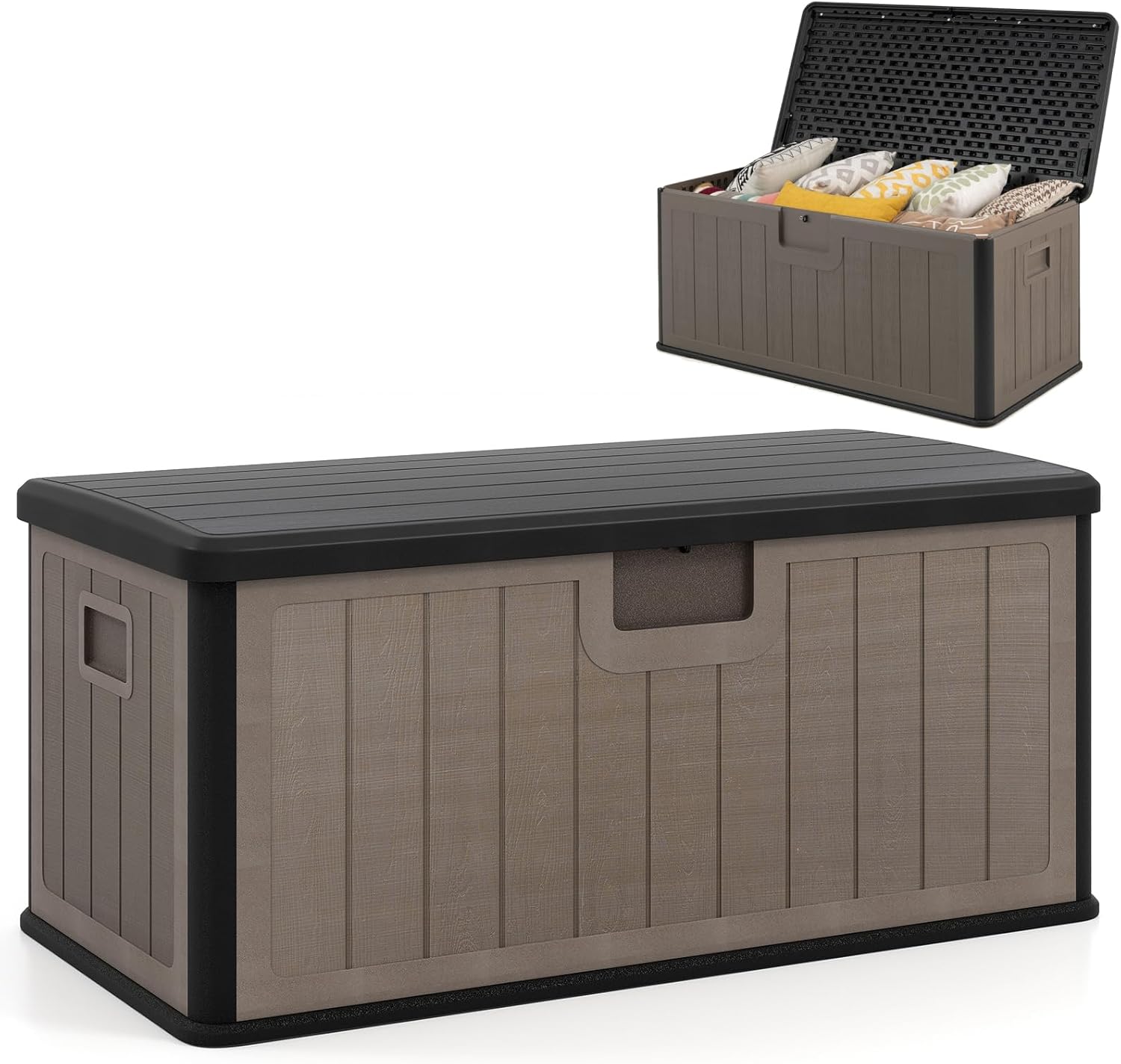 COSTWAY 380L Garden Storage Box, Waterproof Resin Deck Box Bench with Lockable Lid & Side Handles, Wood Texture Outdoor Patio Storage Container for Cushion Tool Toy (Black + Brown)