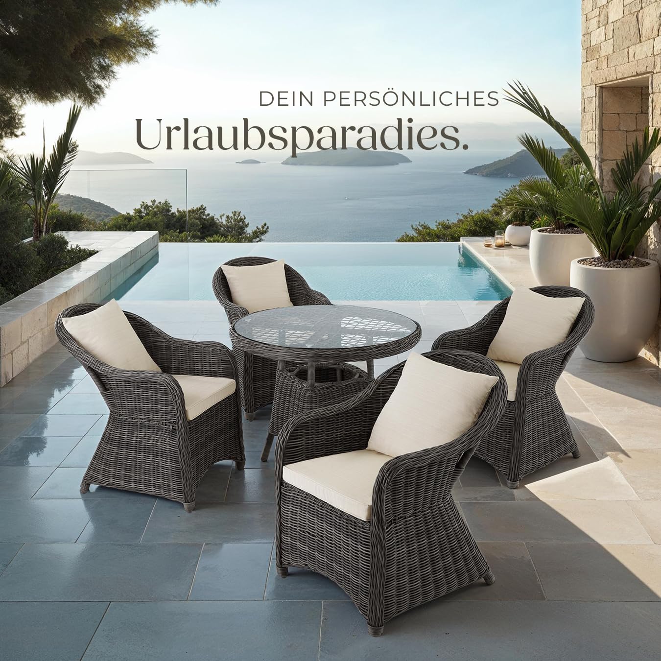 tectake® Sitzgruppe, Rattan Gartenmöbel Set, 1x Tisch und 4X Stuhl, Möbel wetterfest als Lounge im Wintergarten, Balkonmöbel, Gartensessel, Terrassenmöbel - grau
