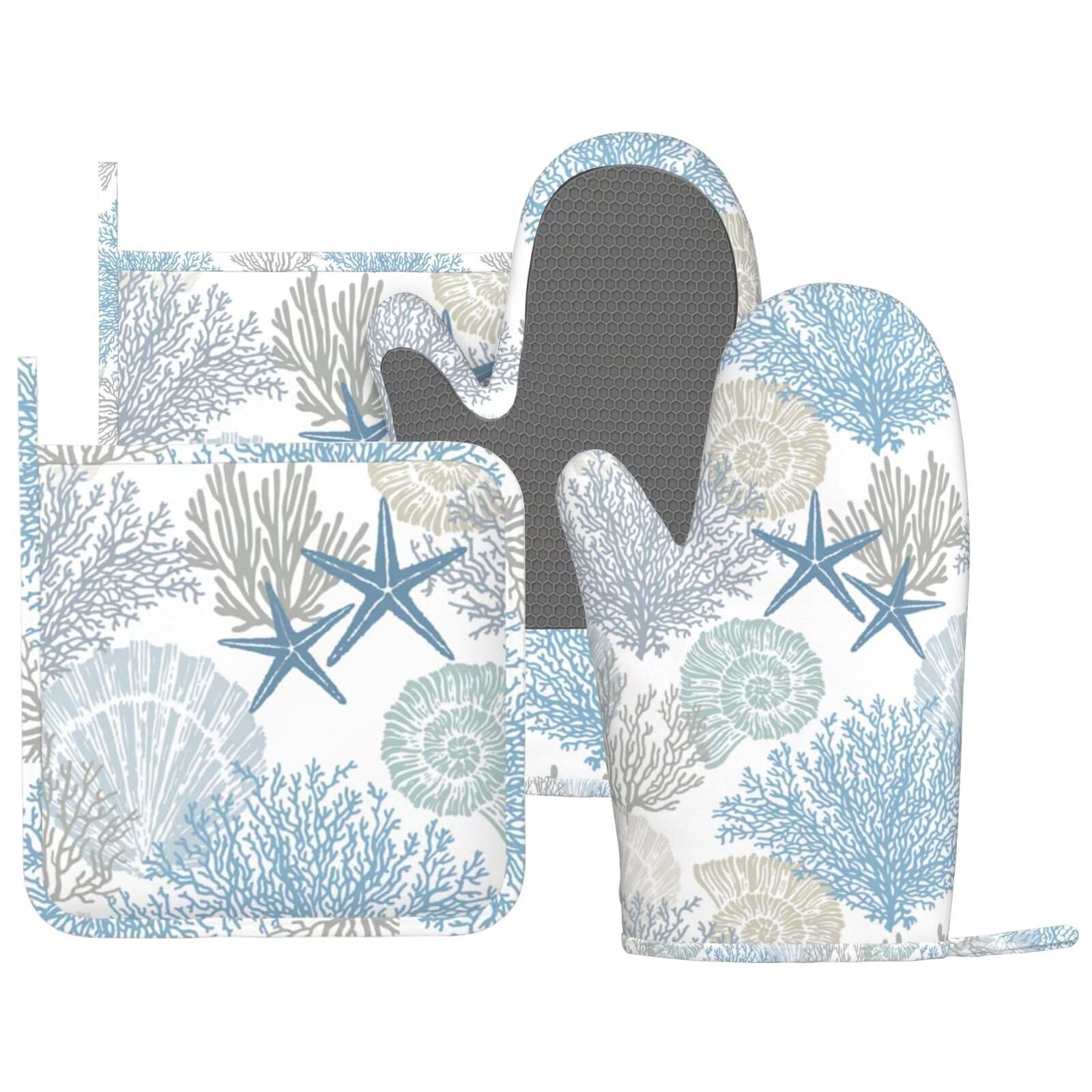 Nautical Coastal Oven Mitts and Pot Holders Sets Silicone Starfish Seashell Coral Beach Themed Kitchen Mitts Potholders Heat Resistant 4Pcs Ocean Oven Gloves Hot Pads for BBQ Grilling,Blue