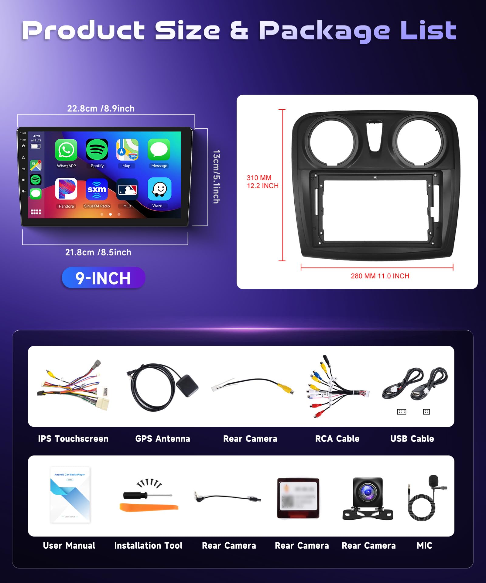 4G/64G VECHTEL 9" Autoradio Bluetooth pour Renault Dacia SANDERO II B52 2012-2019, Carplay, Android Auto, sans Fil, DSP, EQ,1280 x 720, WiFi, GPS, Mirrorlink, RDS/FM, 2 DIN avec caméra de recul AHD