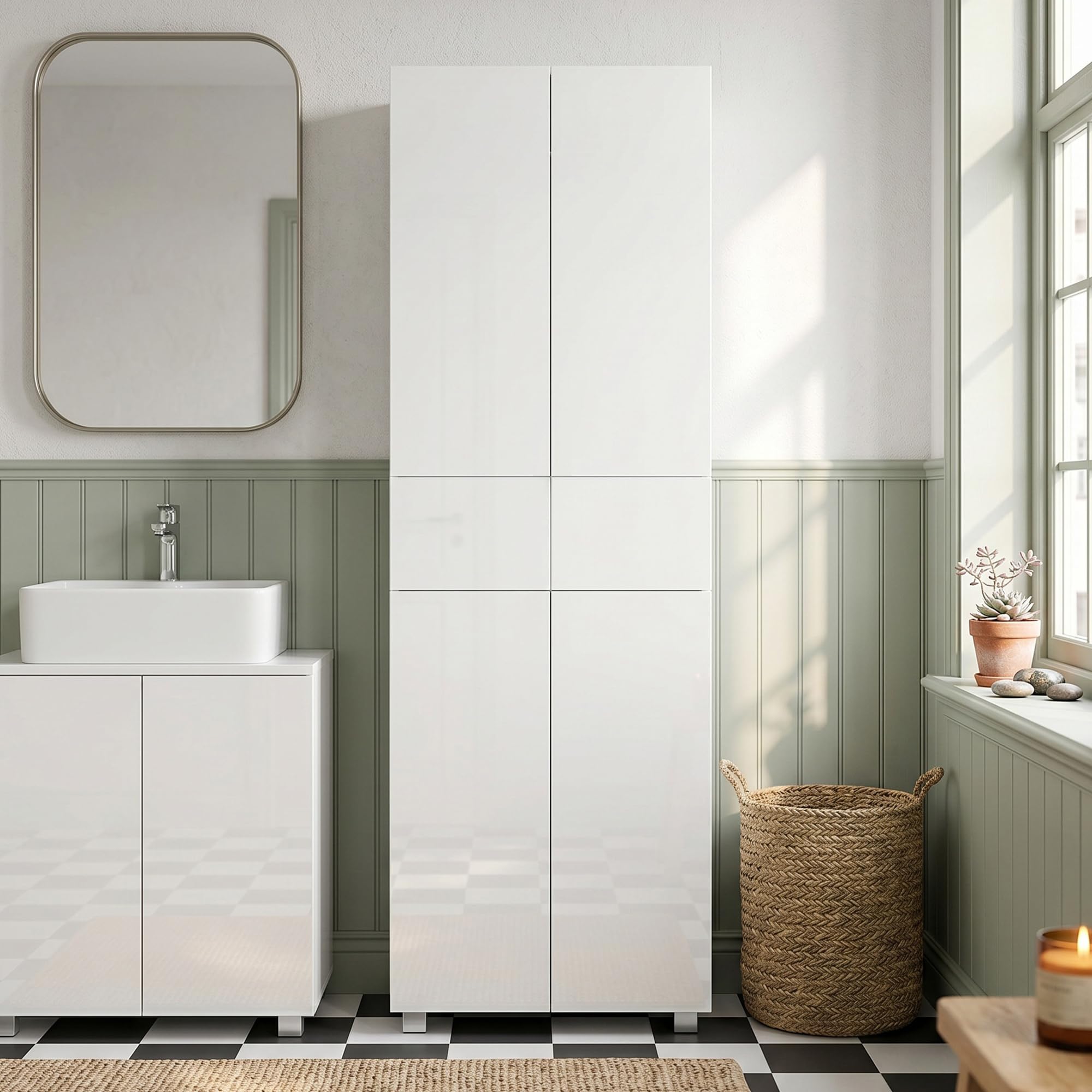HOMCOM Armoire Cuisine, Moderne, 2 Tiroirs, 60 x 35 x 170 cm Blanc Laqué | Buffet de Cuisine Haut, Meuble de Rangement, 4 Portes Ouverture par Poussée, Étagères Réglables