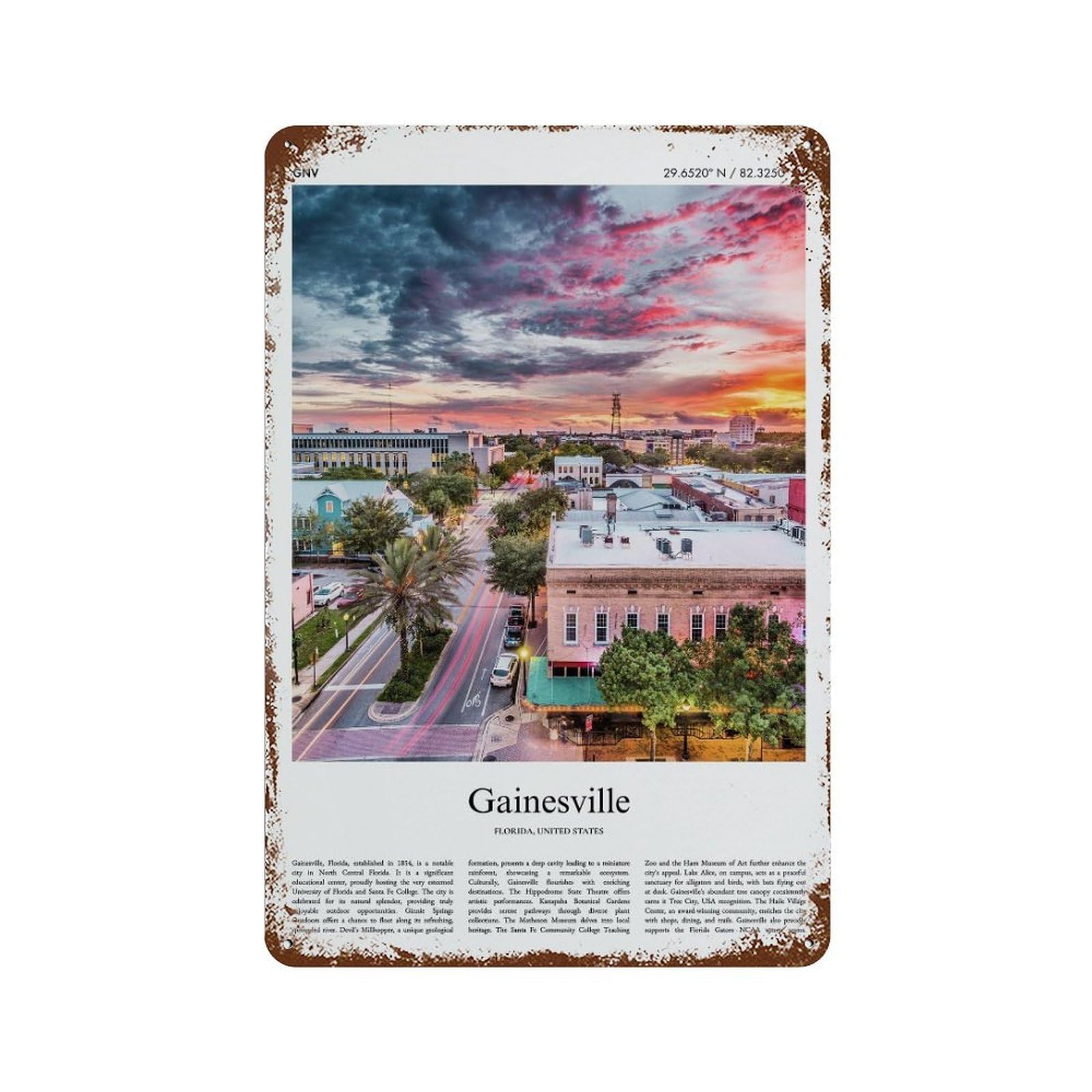 xiaoxiaoshen Gainesville Florida, United States, USA City Scenery Wall Decor Art Metal Tin Poster Modern Home Decor Art Home Bar Shop Decorations Vintage Sign 30x20cm