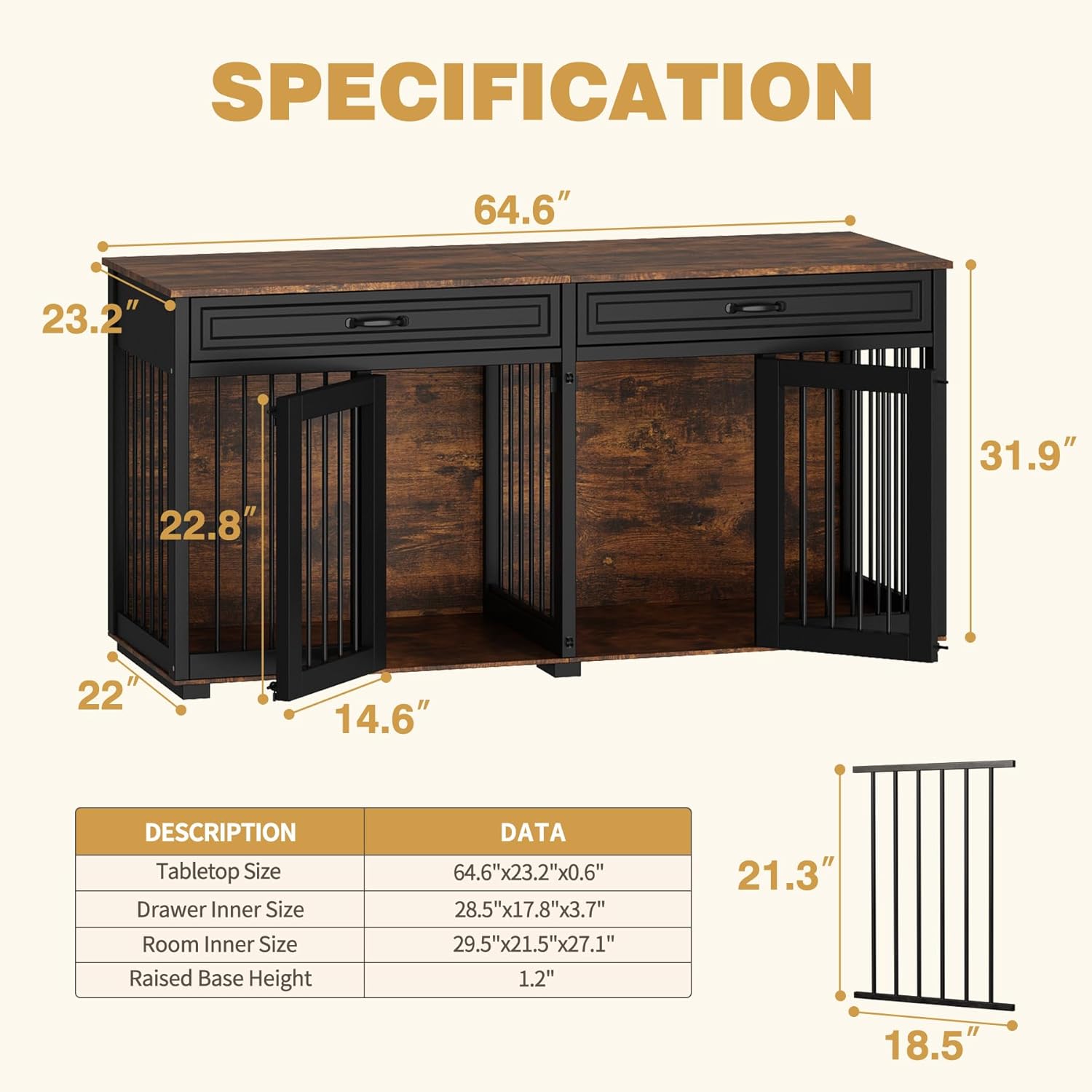 Furniture Style Dog Crate, 64.6 Inch Wooden Large Dog Kennel with Drawers & Divider, Indoor Dog House Furniture with Double Rooms for Medium Small Breeds, Brown+Black