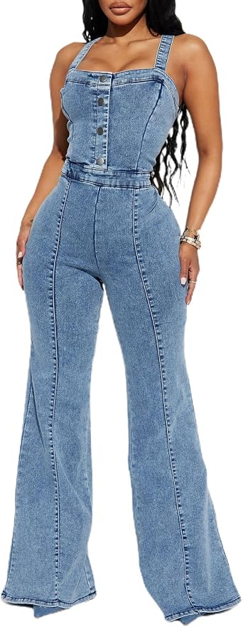THLAI Women Jumpsuits Denim Sexy Spaghetti Strap Back Zipper Casual Straight Wide Leg Pants Party Clubwear One Piece Jumpsuit