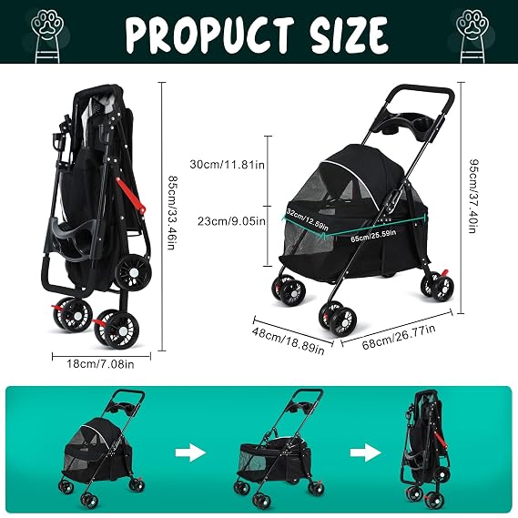 4 Wheels Pet Stroller for Medium Small Dog up to 50lbs, Folding Dog Stroller, 4 Wheels Cat Strollers, Travel Carrier, with Adjustable Handle, Cup Holder, Breathable Mesh (1 Set Black)