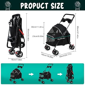 4 Wheels Pet Stroller for Medium Small Dog up to 50lbs, Folding Dog Stroller, 4 Wheels Cat Strollers, Travel Carrier, with Adjustable Handle, Cup Holder, Breathable Mesh (1 Set Black)