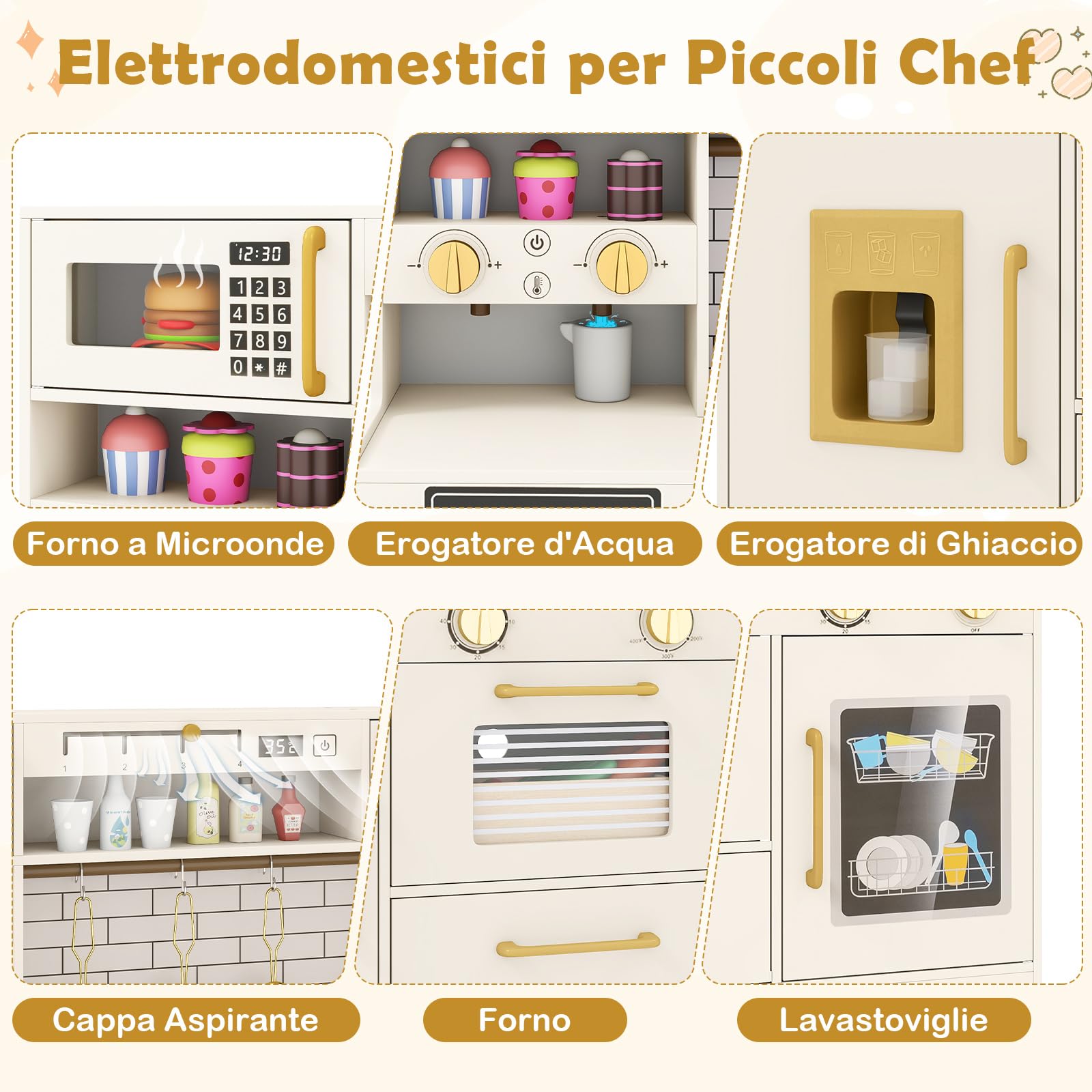 COSTWAY Cucina Giocattolo per Bambini, Set Cucina Gioco in Legno con Macchina per Ghiaccio, Caffettiera, Lavastoviglie e Accessori, Luci e Suoni, Regalo di Ruolo per Bambini 3+ Anni